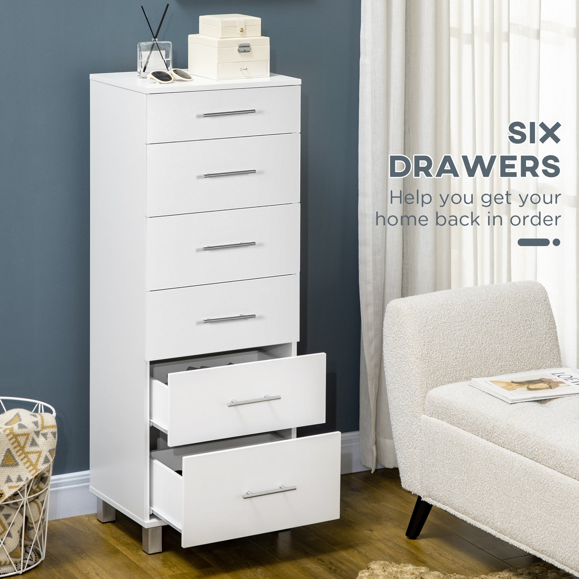 Chest of Drawers, Dresser with 6 Drawers for Bedroom, 6 Drawer Dresser for Living Room, White Storage Cabinets   at Gallery Canada