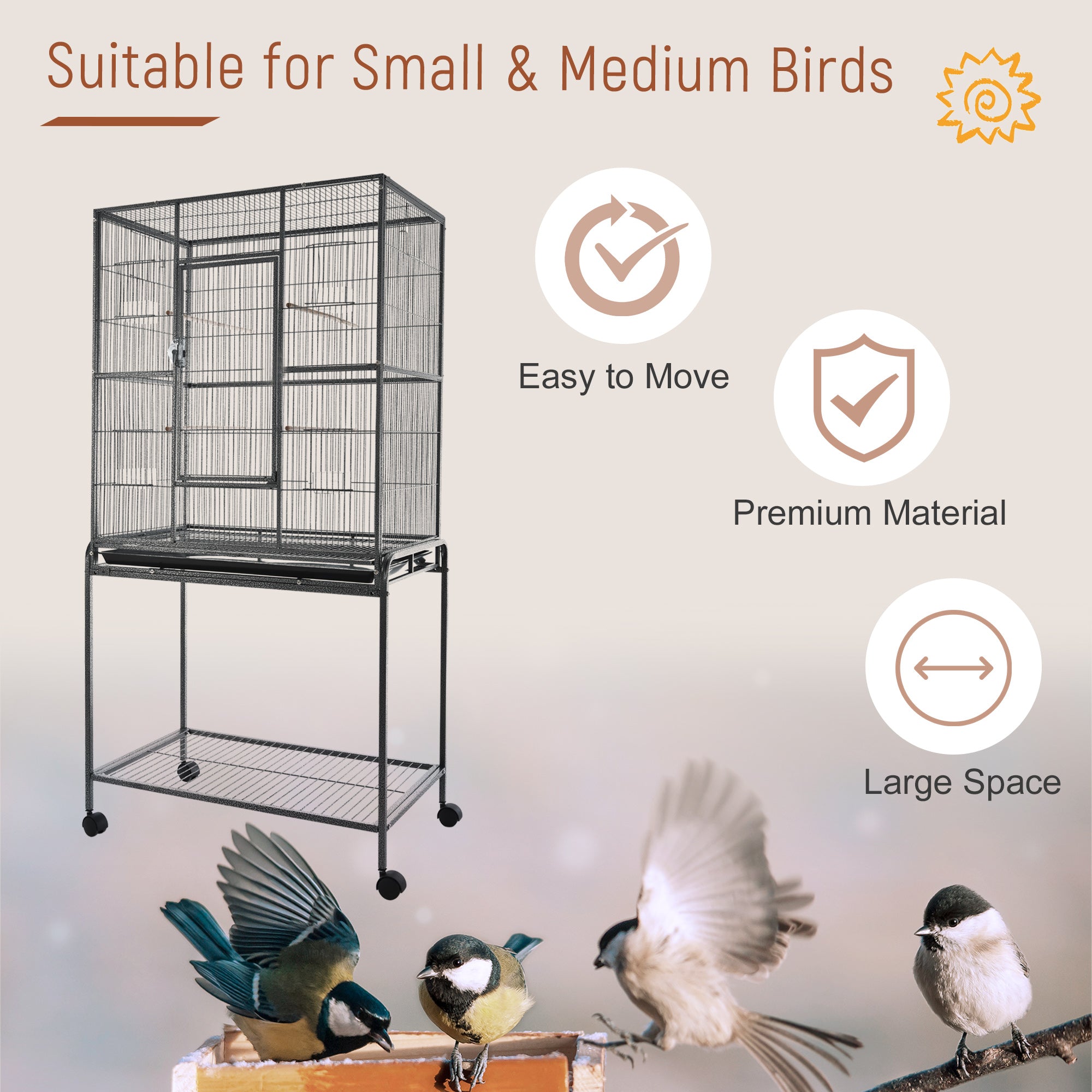 30'' Large Rolling Metal Bird Cage Bird House with Detachable Rolling Stand, Storage Shelf, Wood Perch Food Container - Black Bird Cages at Gallery Canada