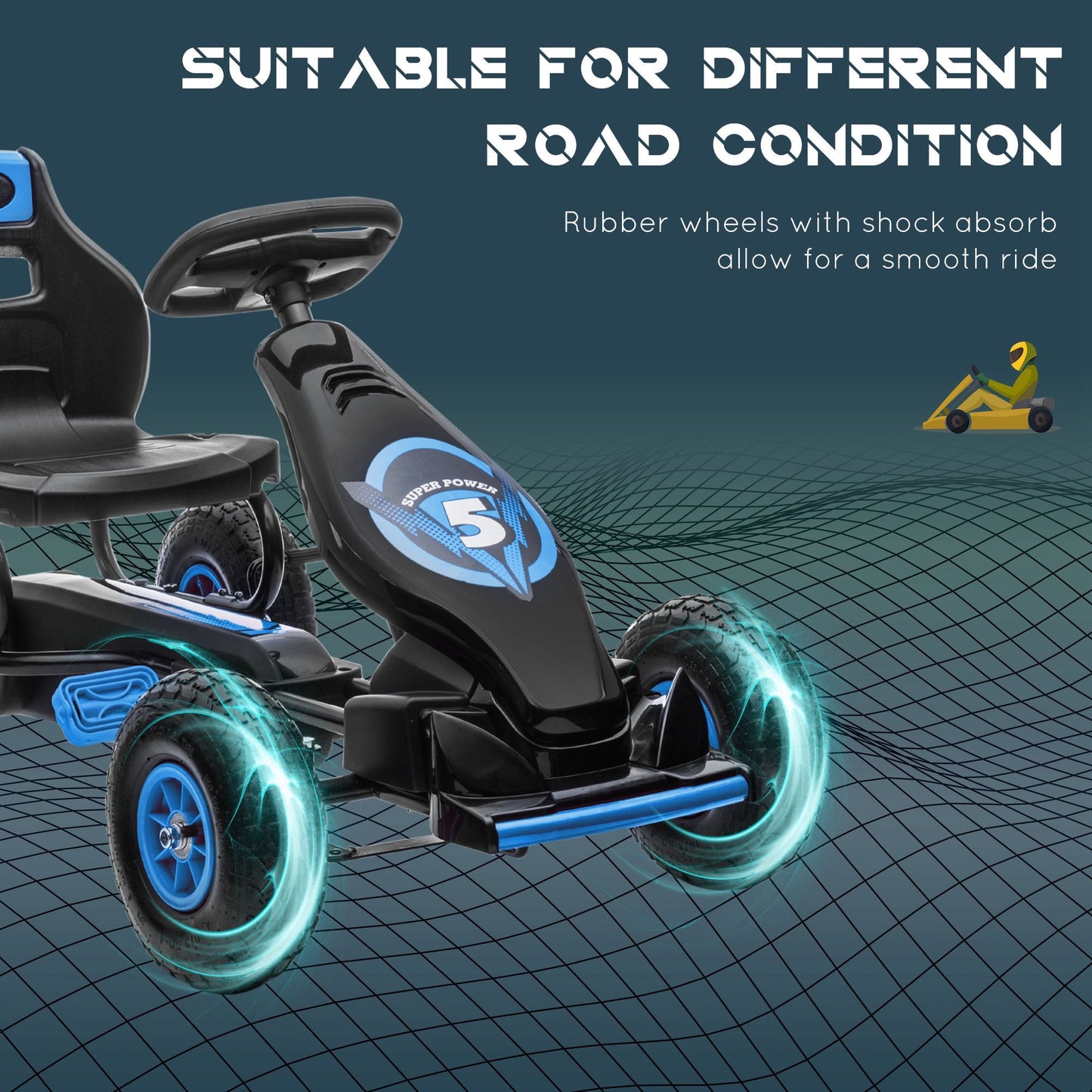 Ergonomic Kids Pedal Go Kart with Adjustable Seat, Rubber Wheels, Hand Brake, Ages 5-12, Blue Pedal Go Karts for Kids   at Gallery Canada