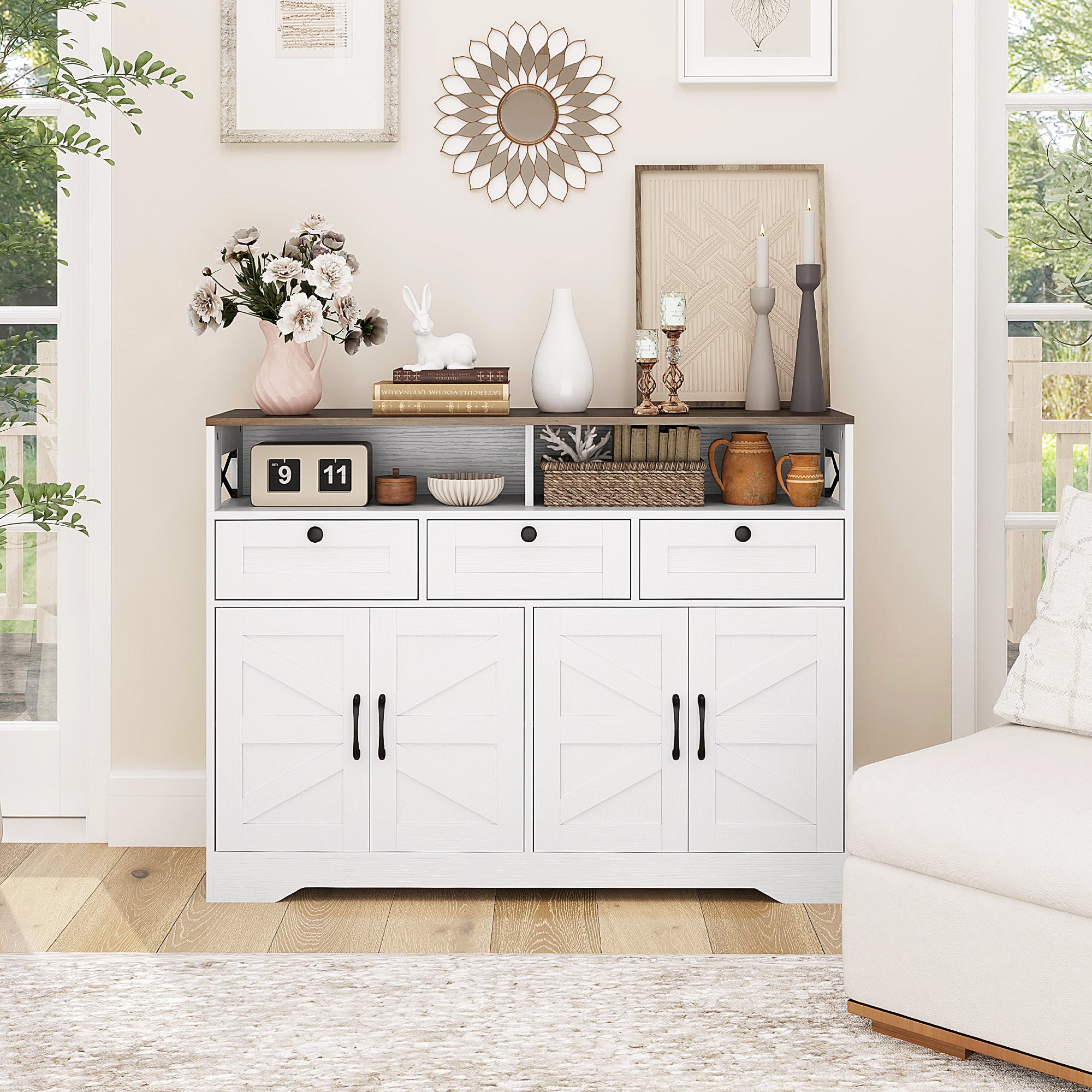 Sideboard, Buffet Cabinet with 4 Barn Doors and 3 Drawers, Coffee Bar Cabinet with Adjustable Shelves, White Storage Cabinets at Gallery Canada