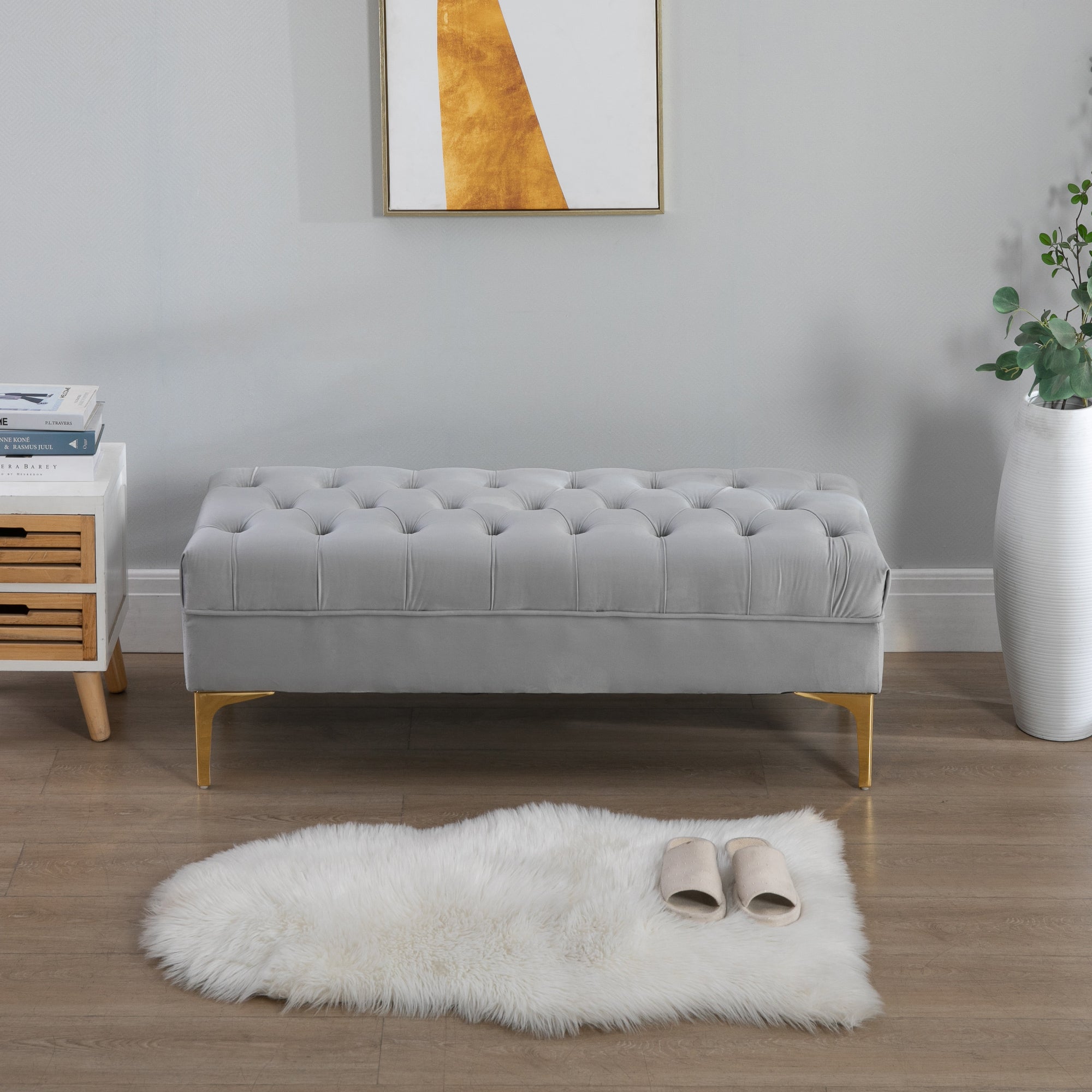 Velvet Upholstered Bench, End of Bed Bench, Entryway Shoe Bench with Button Tufted for Living Room, Bedroom, Grey Storage Ottomans & Benches   at Gallery Canada