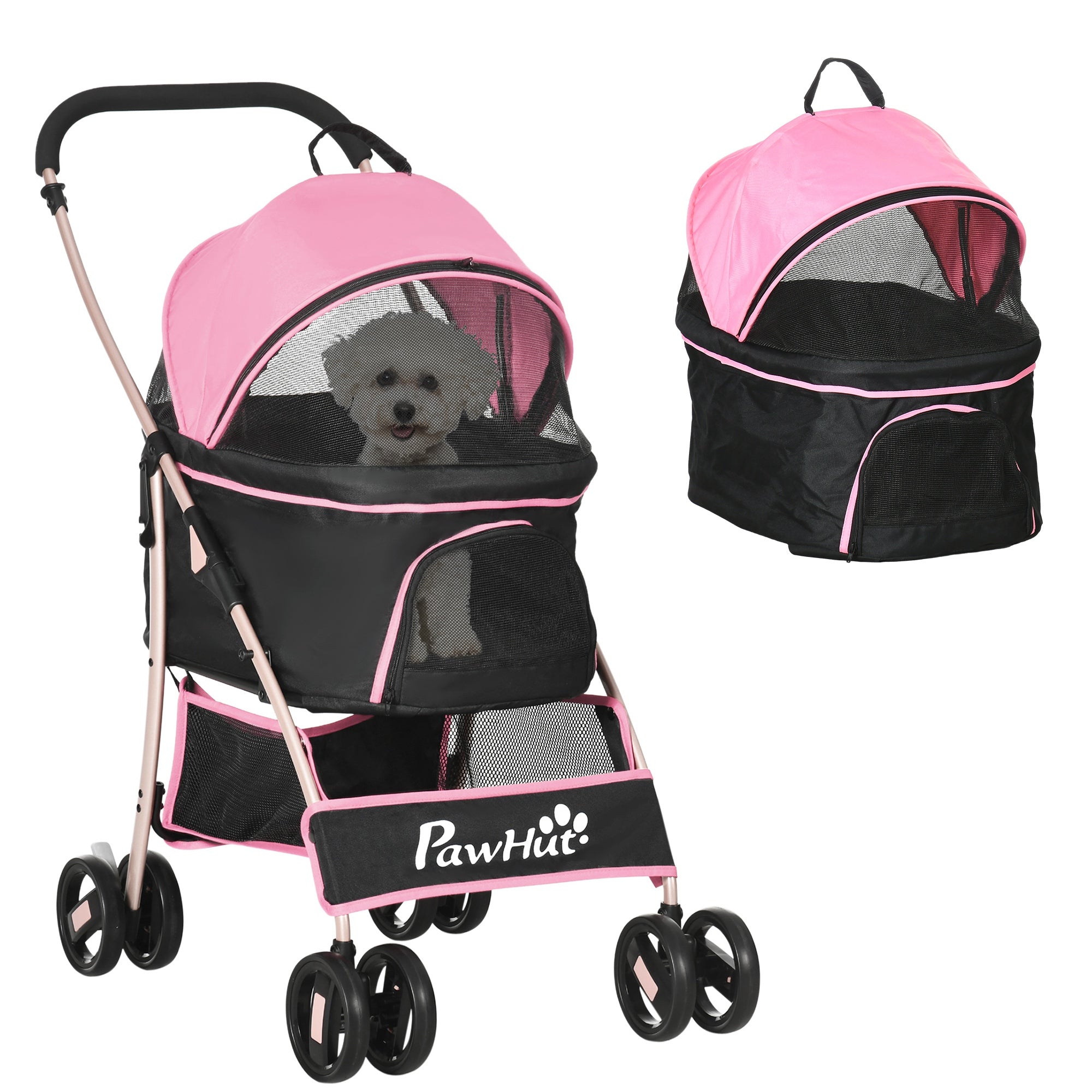 4 Wheels Pet Stroller, 3 in 1 Dog Cat Travel Folding Carrier, for Small Dogs, Detachable, w/ Brake, Canopy, Basket, Storage Bag - Pink Dog Bike Trailers & Strollers Pink at Gallery Canada