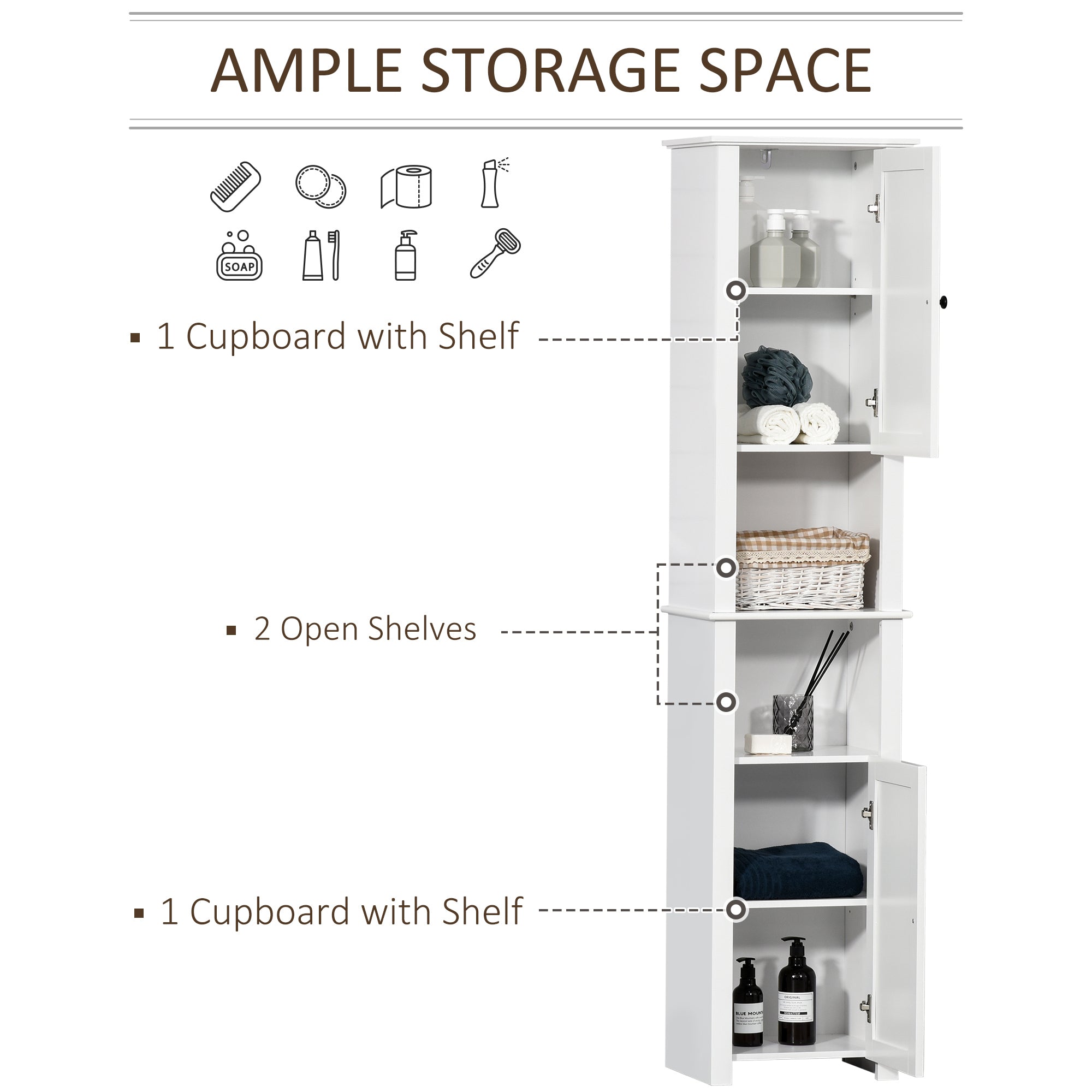 Tall Bathroom Cabinet, Freestanding Linen Cabinet with Open Shelves and 2 Cupboards, Narrow Storage Cabinet, White Bathroom Cabinets   at Gallery Canada