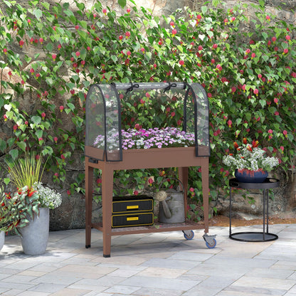 3' x 1' x 4' Raised Planter with Greenhouse Cover and Roll-up Door Mobile Elevated Garden Bed on Wheels for Herbs Brown Raised Garden Beds   at Gallery Canada