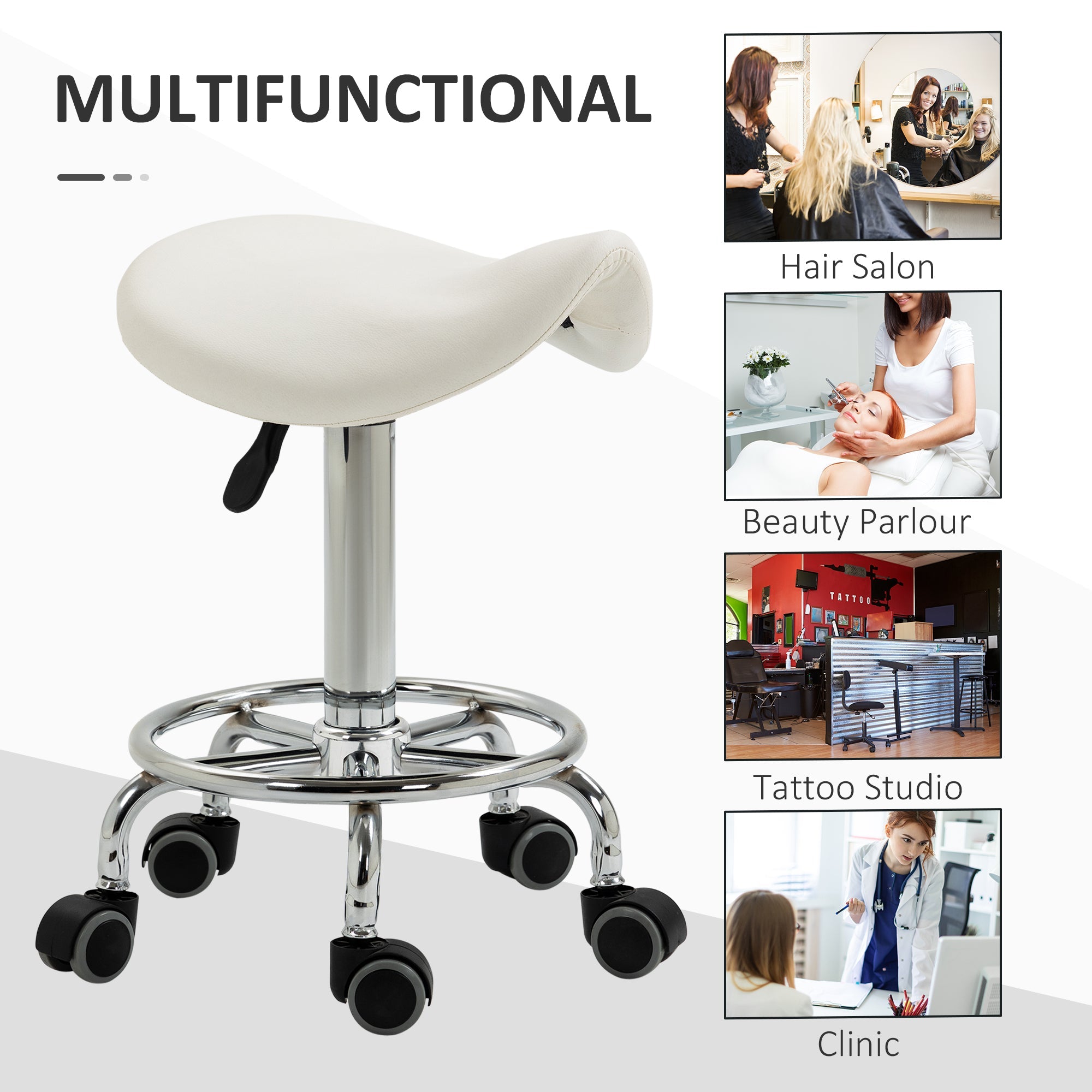 Saddle Stool, PU Leather Adjustable Rolling Salon Chair for Massage, Spa, Clinic, Beauty and Tattoo, White Salon Stools   at Gallery Canada