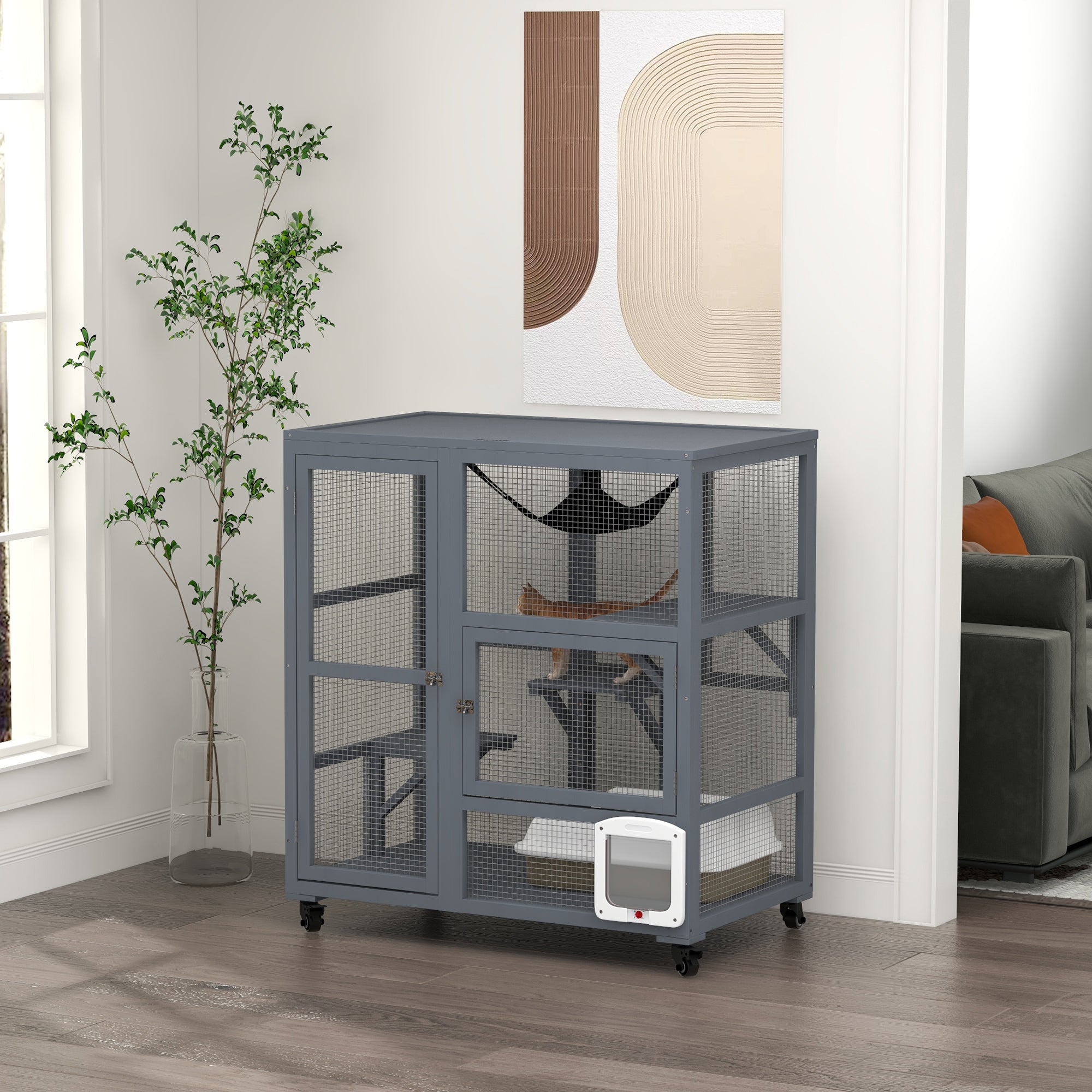 Cat Condo Wooden Indoor Cat House on Wheels with Cat Flap Door Platforms Hammock Openable Top for 2 Cats, Light Grey Outdoor Cat Enclosures at Gallery Canada