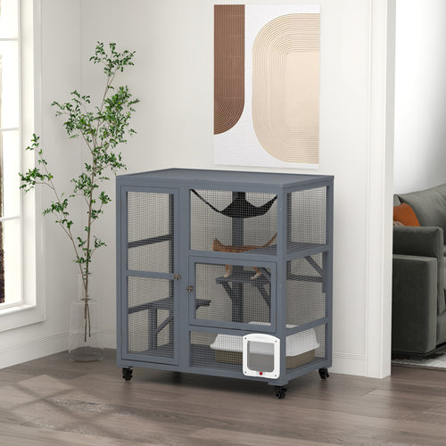 Cat Condo Wooden Indoor Cat House on Wheels with Cat Flap Door Platforms Hammock Openable Top for 2 Cats, Light Grey