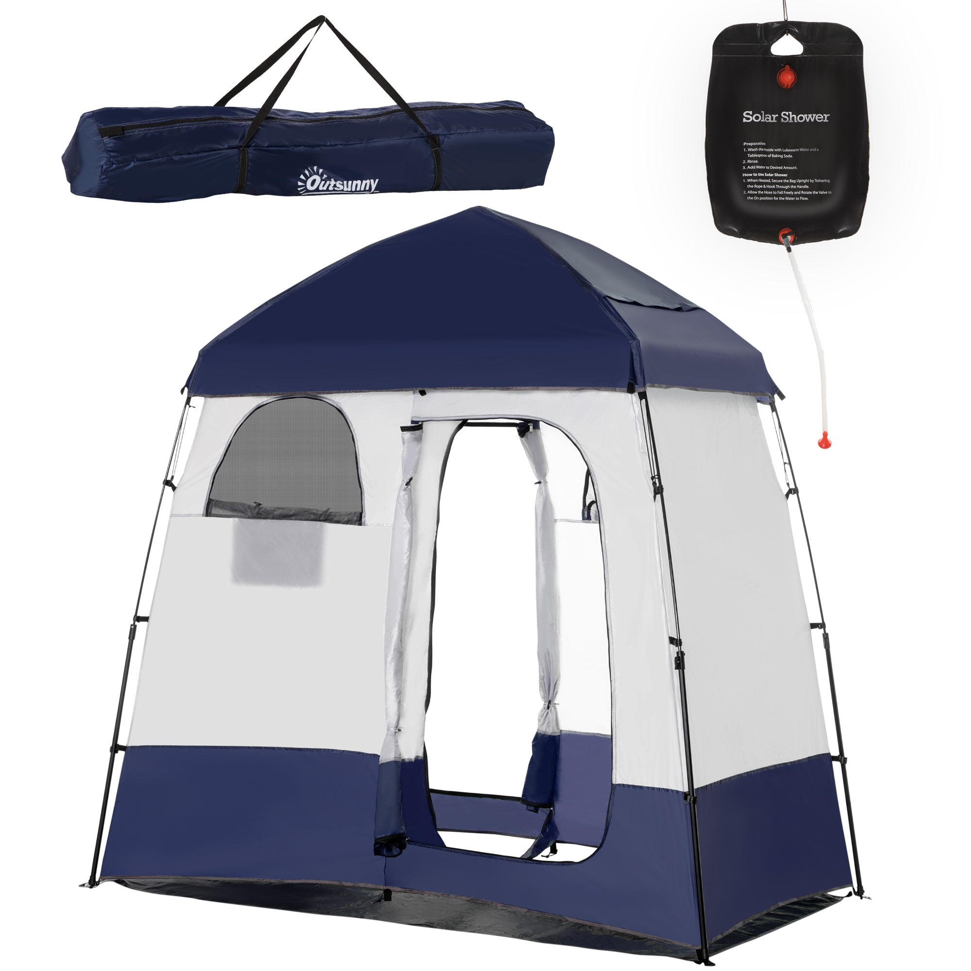Outdoor Portable Pop Up Shower Tent Changing Tent Privacy Enclosure with 2 Rooms, Shower Bag, Floor for Camping, Blue Camping Tents Dark Blue, Light Grey at Gallery Canada