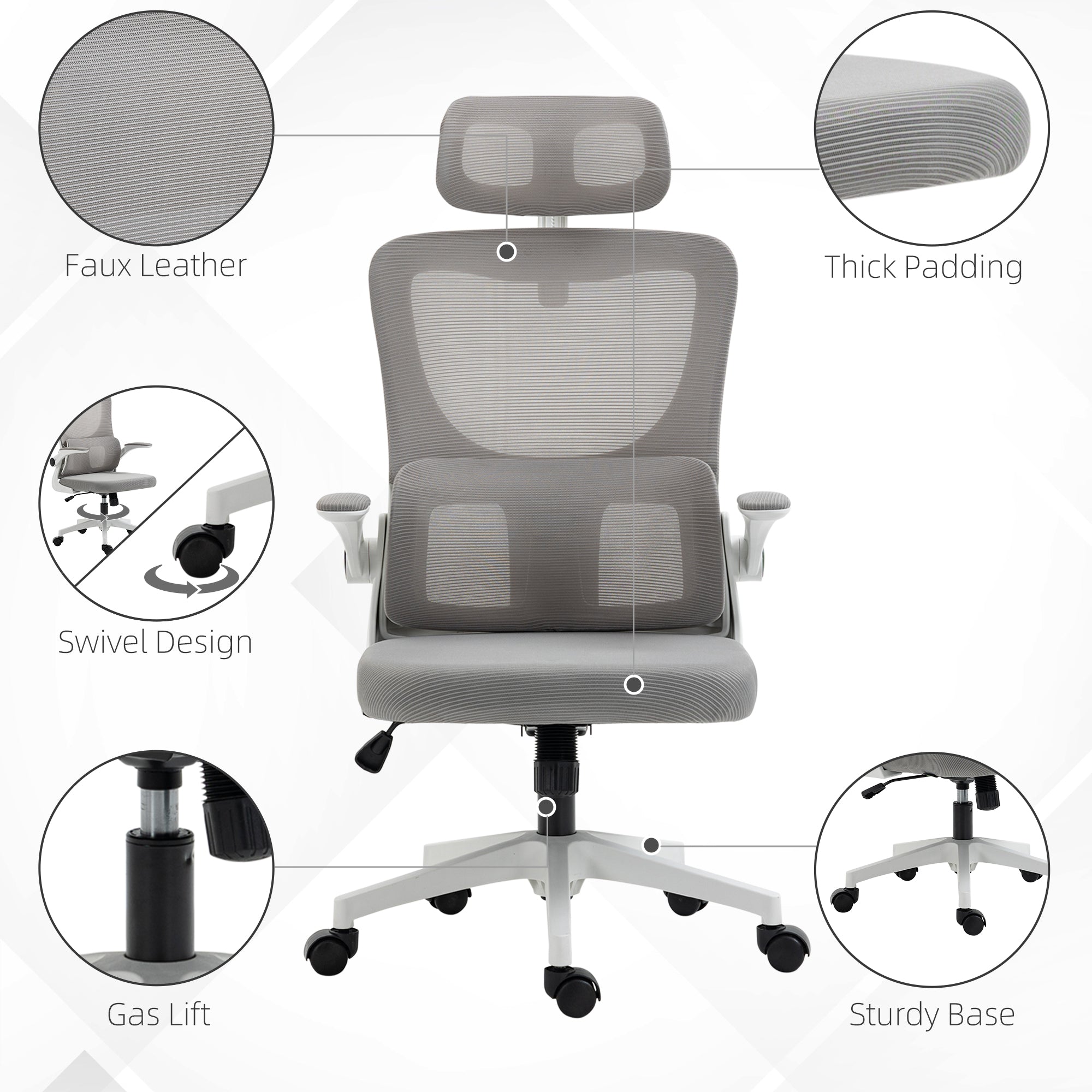 High Back Office Chair, Mesh Computer Desk Chair with Adjustable Headrest, Lumbar Support, Armrest, Adjustable Height, Grey Executive & Manager Chairs   at Gallery Canada