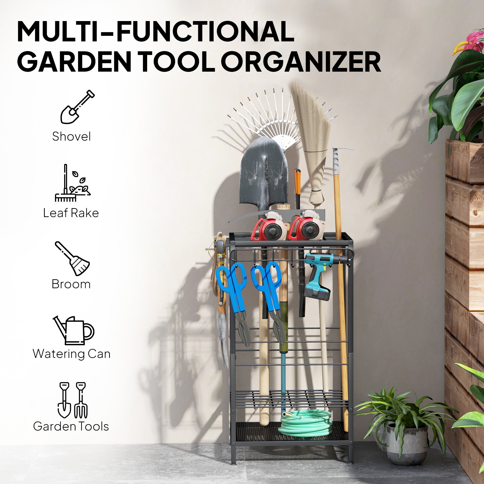 3-Tier Yard Tool Tower Rack, Garden Tool Organizer with 14 Hooks for Long-Handled Rakes, Shovel, Broom, Black Garden Accessories at Gallery Canada