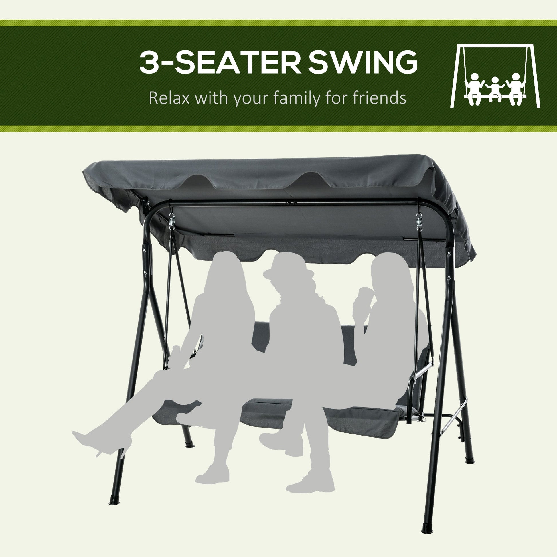 3-Seater Outdoor Porch Swing with Adjustable Canopy, Patio Swing Chair for Garden, Poolside, Backyard, Grey - Gallery Canada
