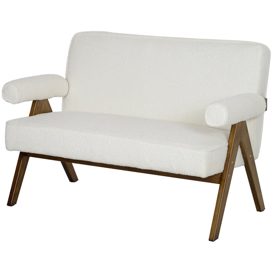 Boucle Fabric 2 Seater Sofa, Small Sofa Loveseat with Thick Padding and Wood Legs, Cream White 2-Seater Sofas   at Gallery Canada