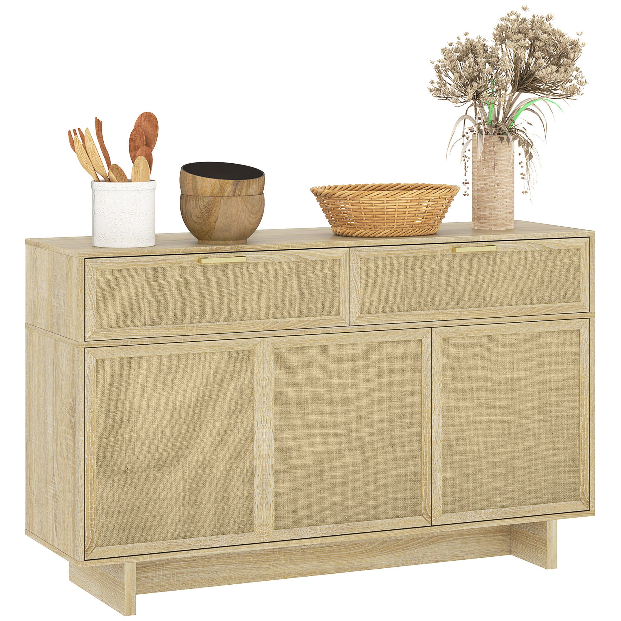 Boho Kitchen Sideboard Buffet Cabinet with Hinge Doors, Drawers and Adjustable Shelf for Living Room, Natural Wood Bar Cabinets at Gallery Canada