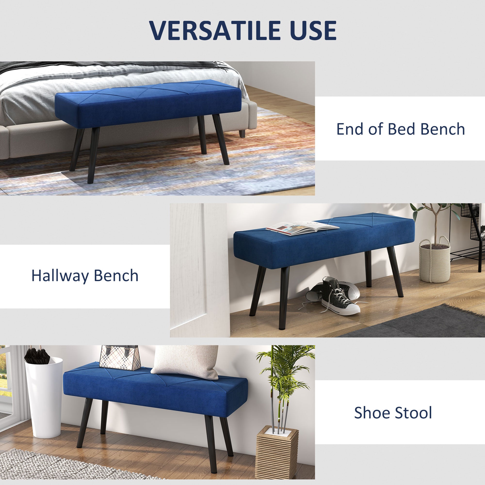 39 Inches Upholstered Bedroom Bench, Modern End of Bed Bench with Steel Legs, Dark Blue Storage Ottomans & Benches   at Gallery Canada