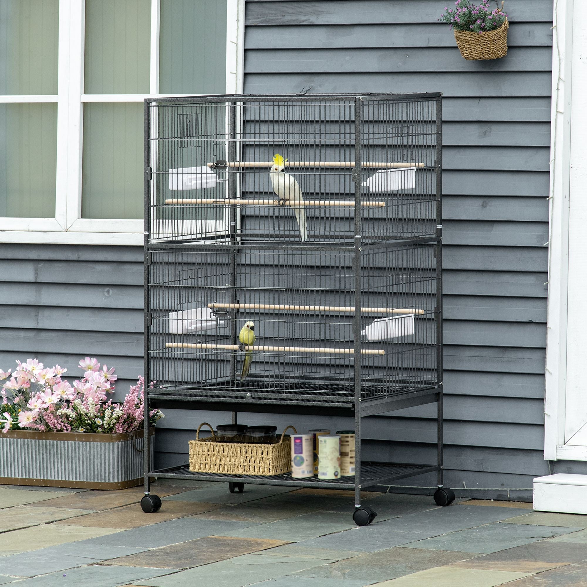 52'' Large Rolling Steel Bird Cage Bird House with Rolling Stand, Storage Shelf, Wood Perch, Food Container, Dark Grey Bird Cages   at Gallery Canada