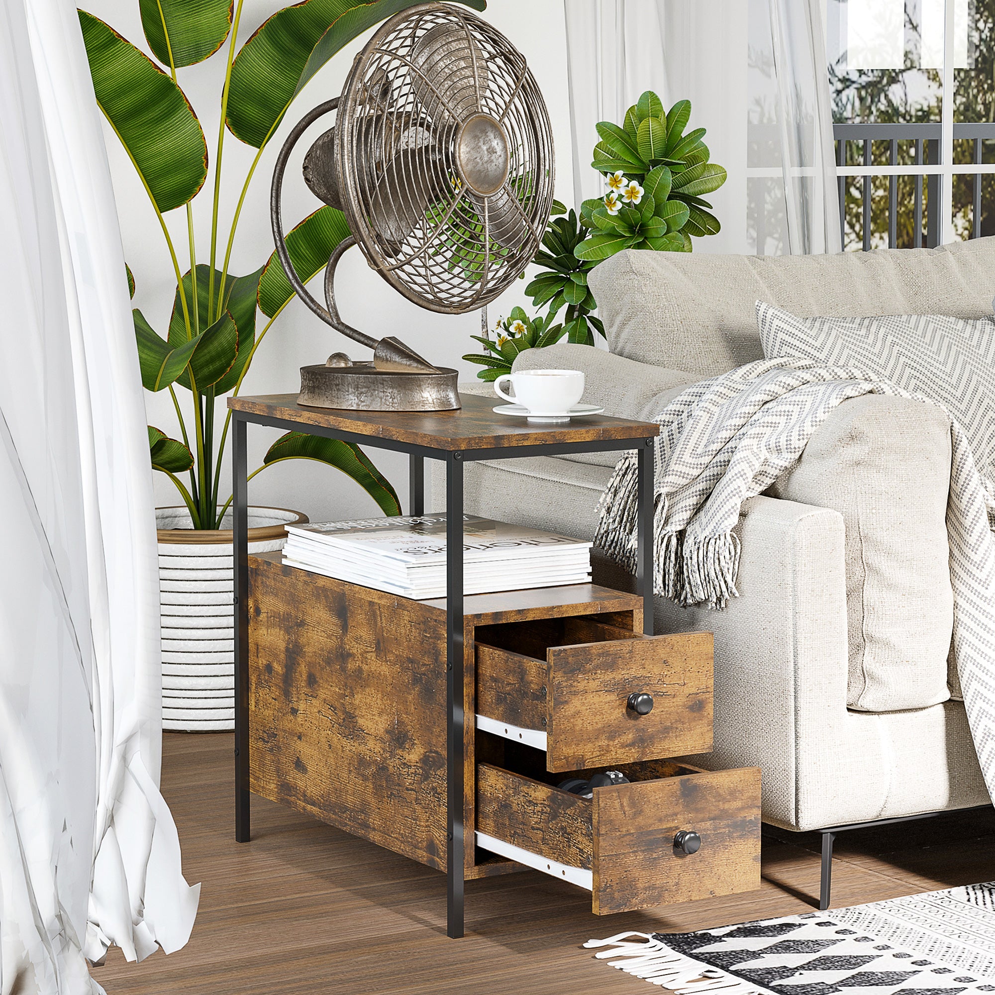 Side Table with 2 Drawers and Storage Shelf, Narrow End Table Nightstand with Metal Frame for Small Spaces, Rustic Brown Side Tables   at Gallery Canada