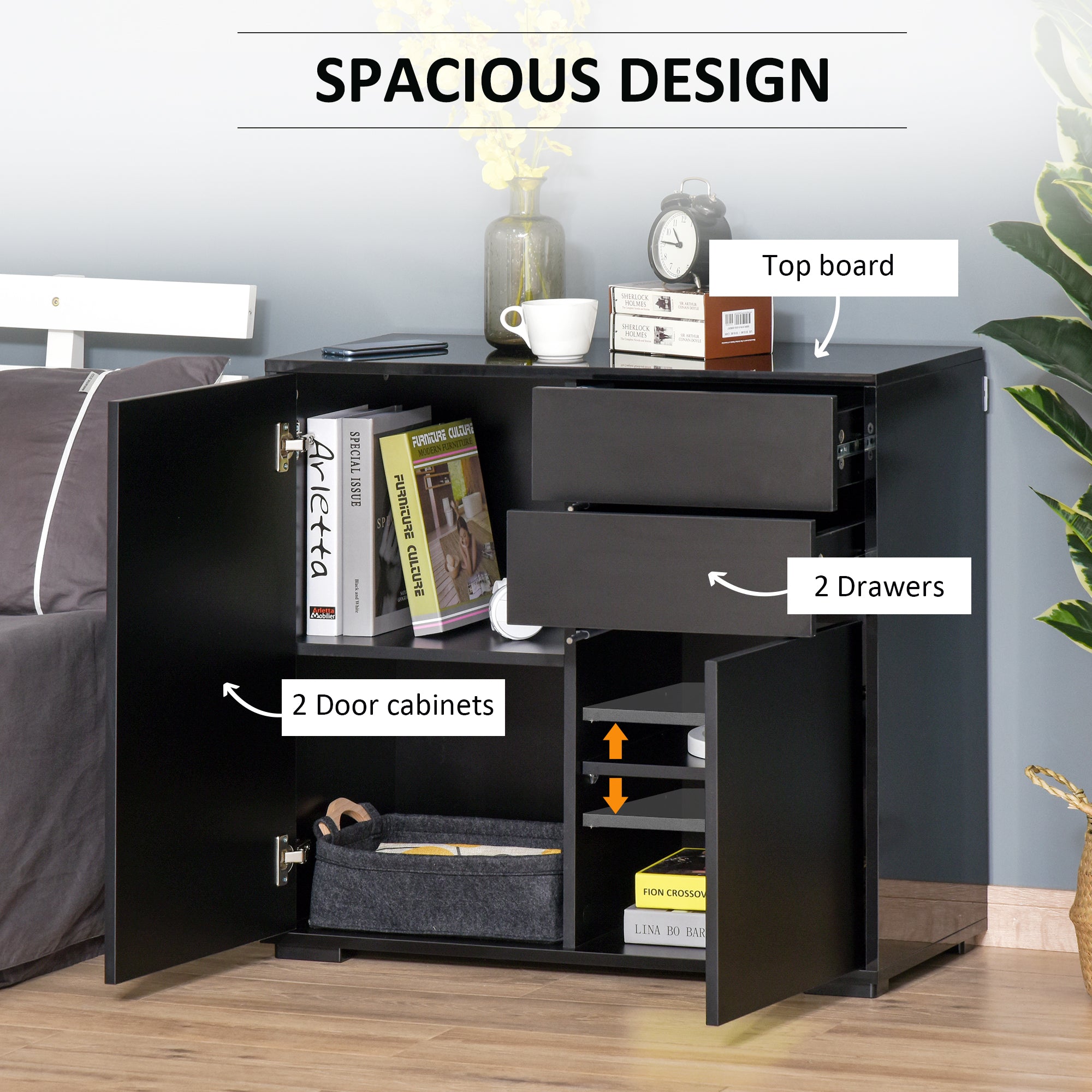 High Gloss Buffet Sideboard with 2 Drawers, 2 Doors and Adjustable Shelf, Kitchen Storage Cabinet with Push Open Design, Black Bar Cabinets   at Gallery Canada