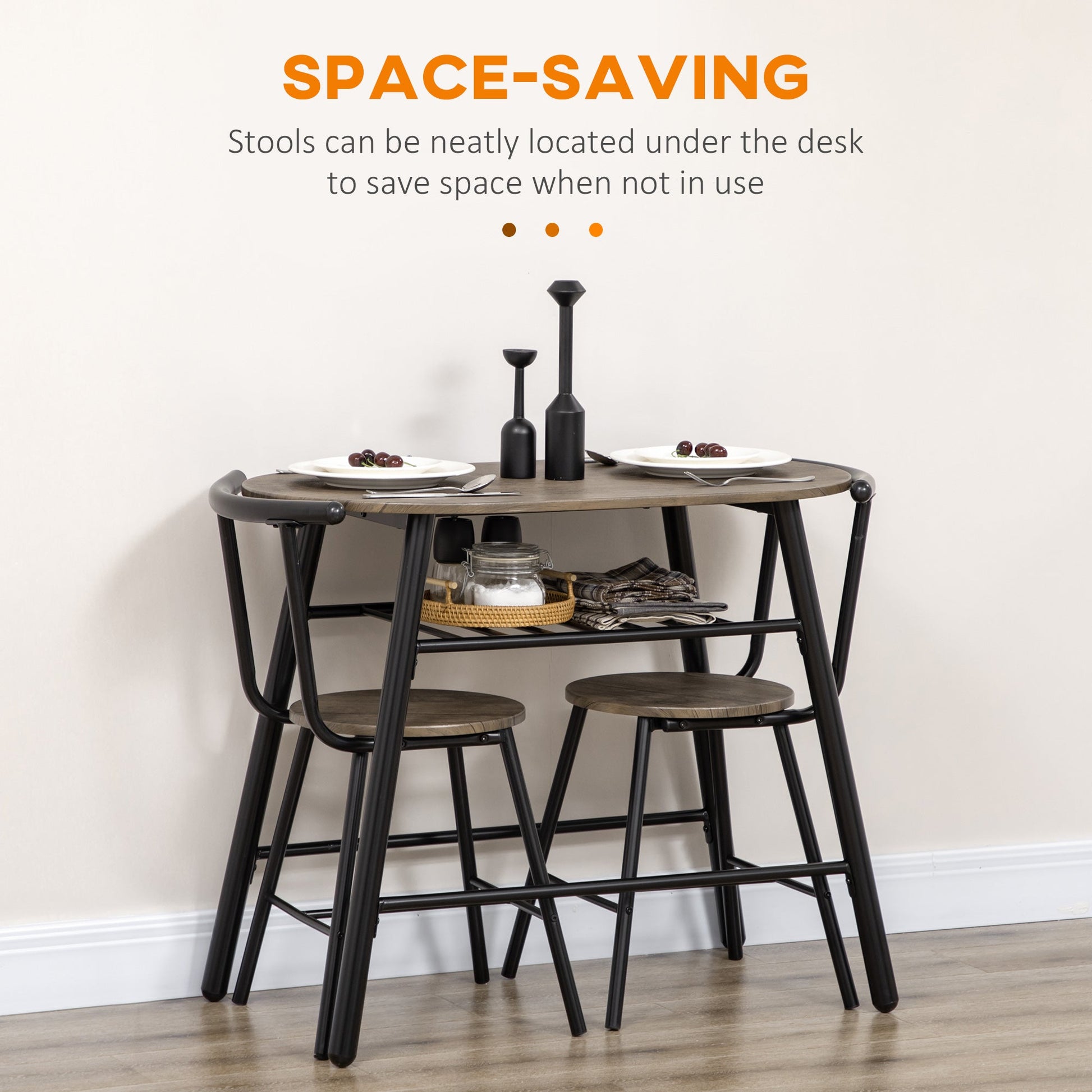 Oval 3-Piece Dining Table Set with Wine Rack, Metal Frame, 2 Chairs, Black/Brown Bar Sets   at Gallery Canada