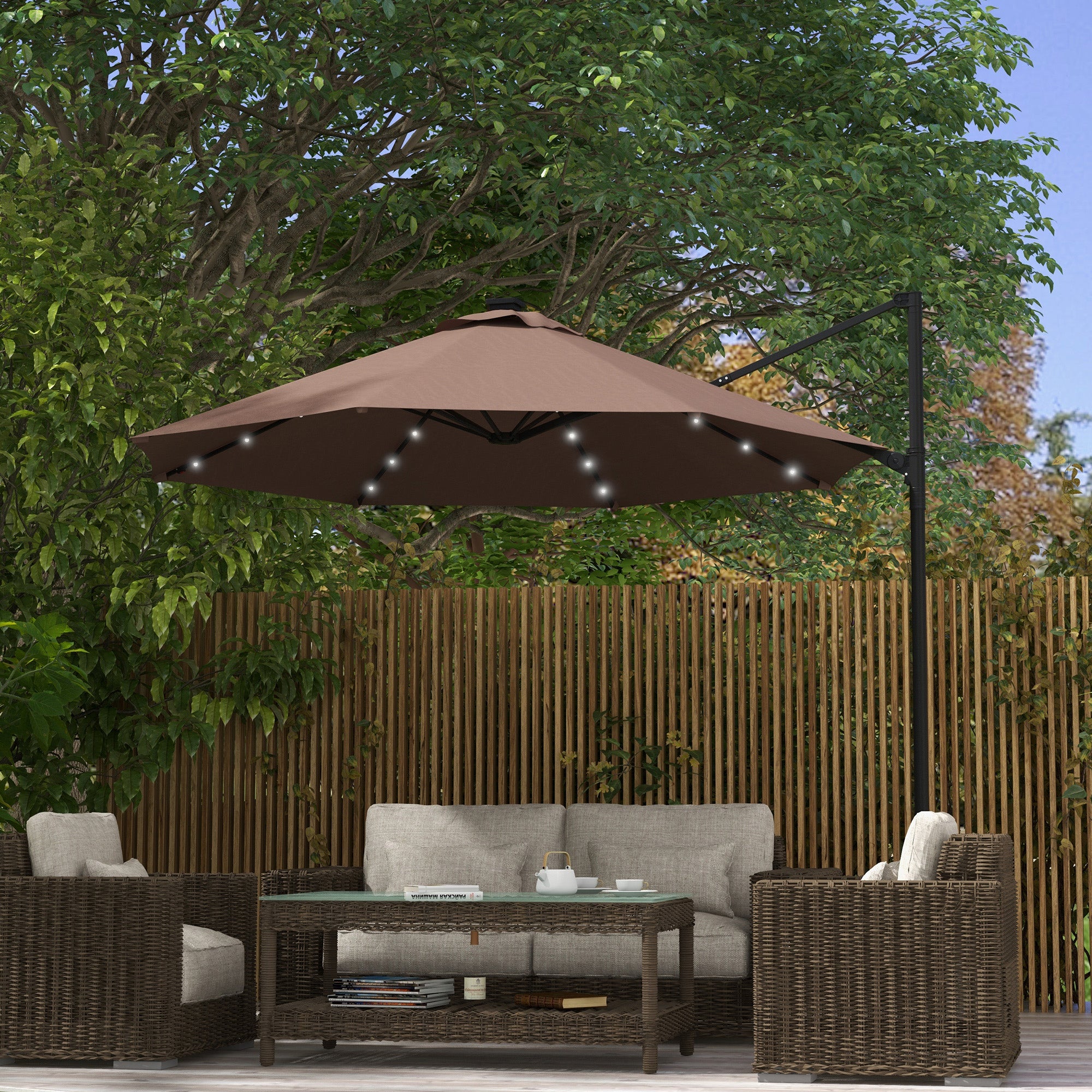 9.5'x8.5' Cantilever Umbrella with Solar Powered LED Lights, Rectangle Hanging Offset Umbrella with 360°Rotation Cantilever Umbrellas at Gallery Canada