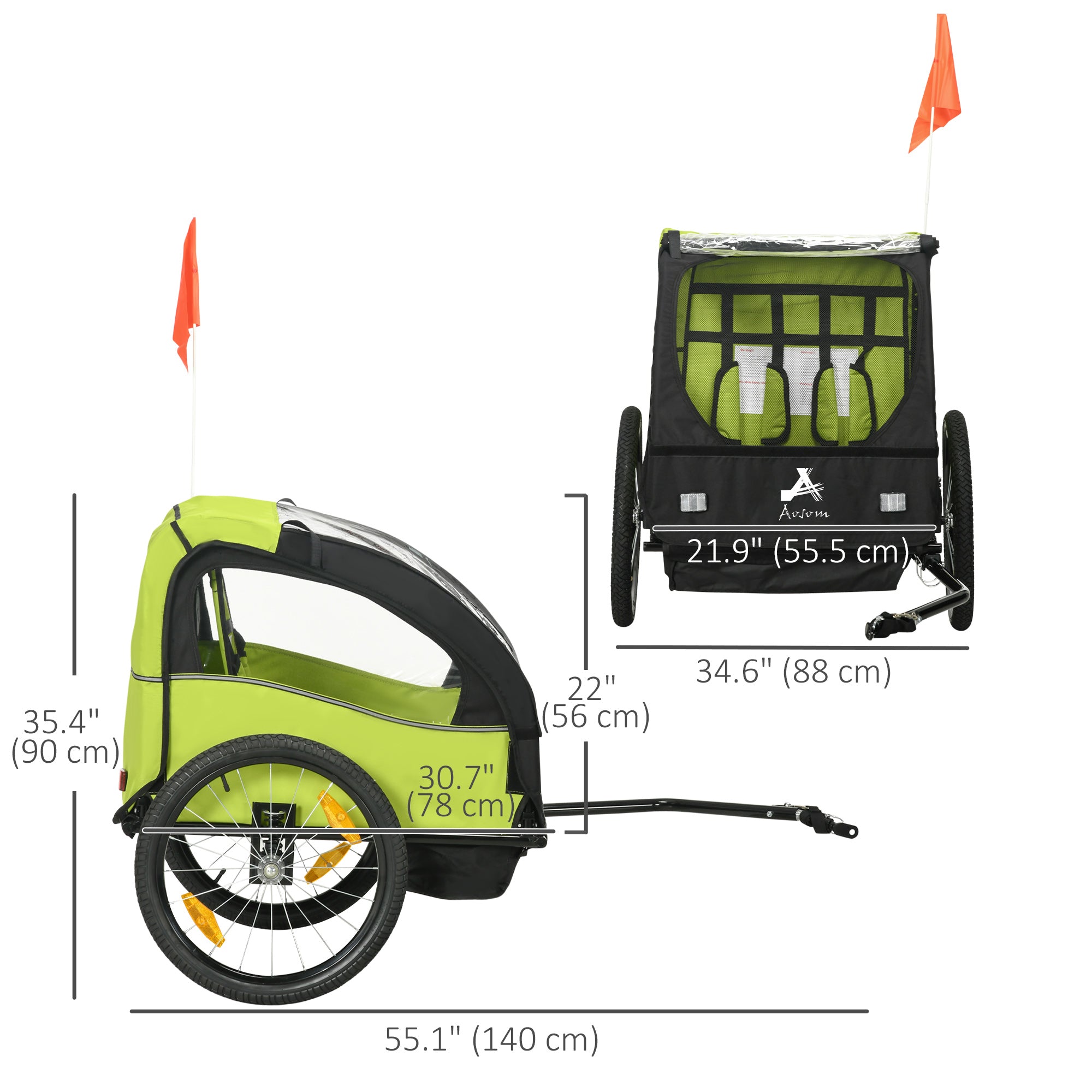 2 Seat Bike Trailer for Kids, Baby Stroller with Storage Bag, 5 Point Harness, Bicycle Trailer with 20