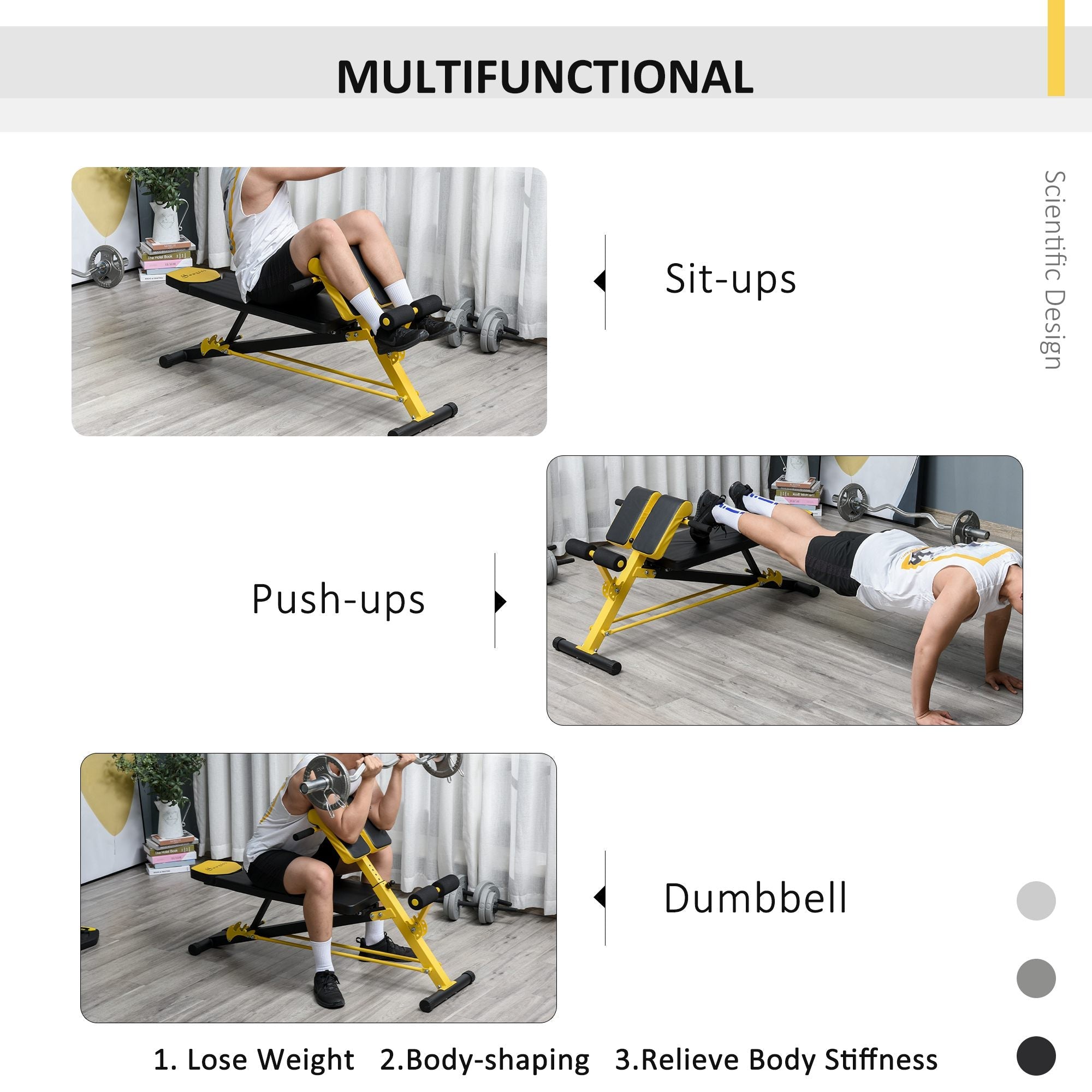 Adjustable Weight Bench Roman Chair Exercise Training Multi-Functional Hyper Extension Bench Dumbbell Bench Ab Sit up Decline Flat Black and Yellow Weight Benches   at Gallery Canada