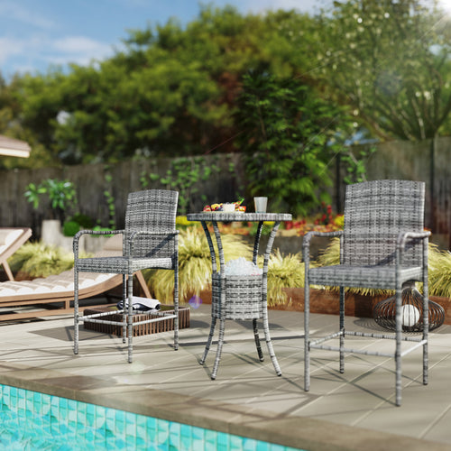 3 Pieces Patio Bar Set, Rattan Bistro Table and Chairs, Outdoor Conversation Furniture Set with Ice Bucket, Mixed Grey