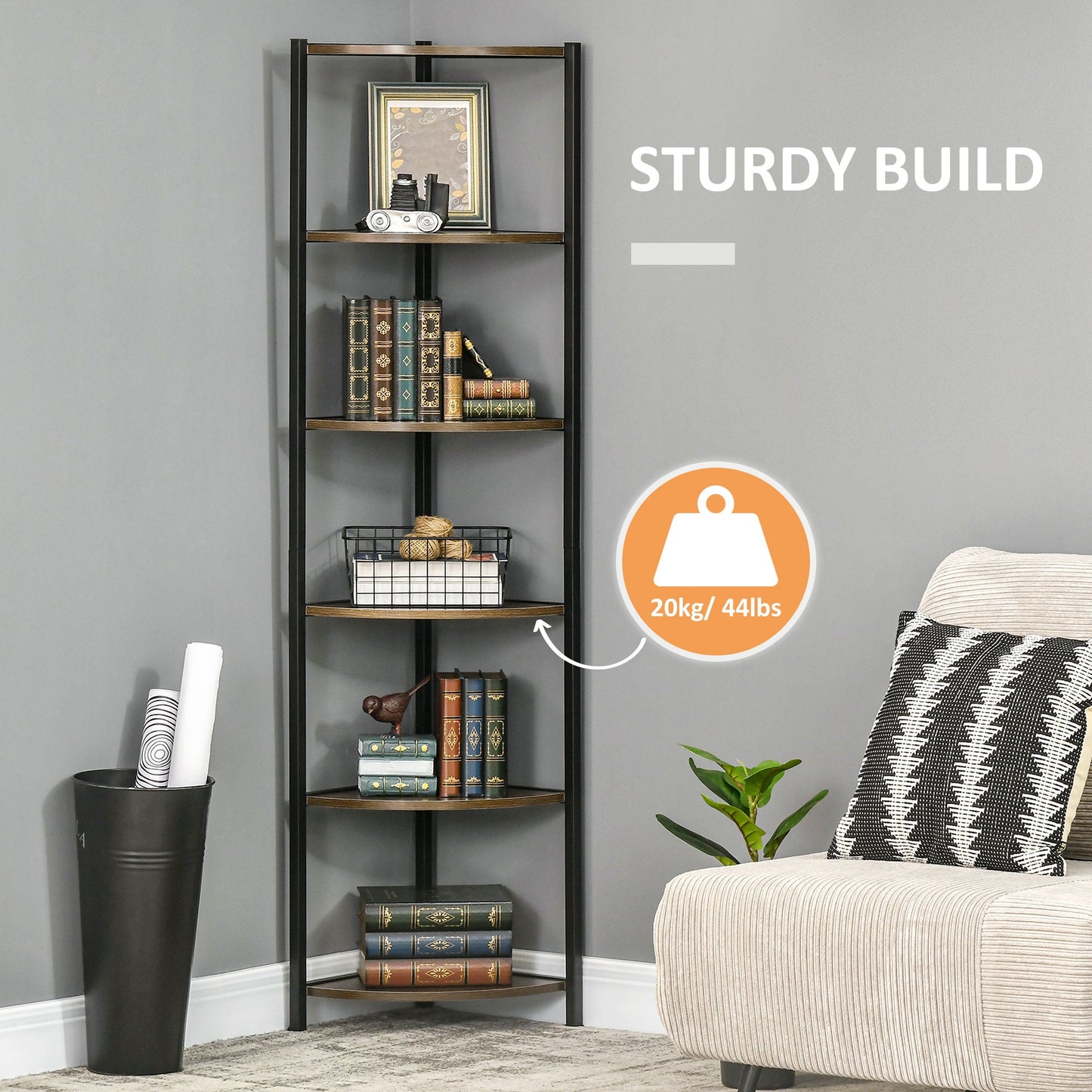 6-Tier Corner Shelf, Corner Bookshelf with Metal Frame, for Living Room, Bedroom, Kitchen, Dark Brown Display Bookshelves   at Gallery Canada