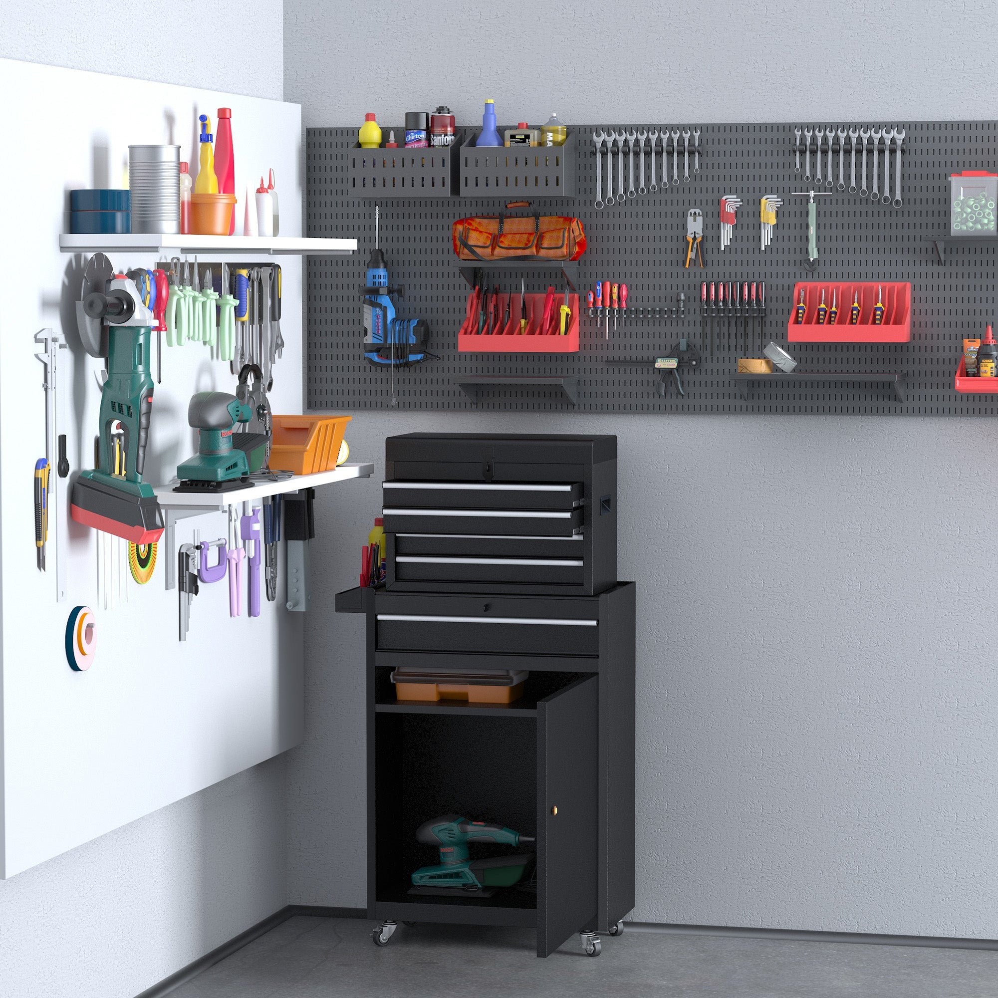 Rolling Tool Cabinet 2 in 1 Top Chest Storage Box 5 Drawers with Pegboard and Adjustable Shelf, Black Tool Organizers   at Gallery Canada