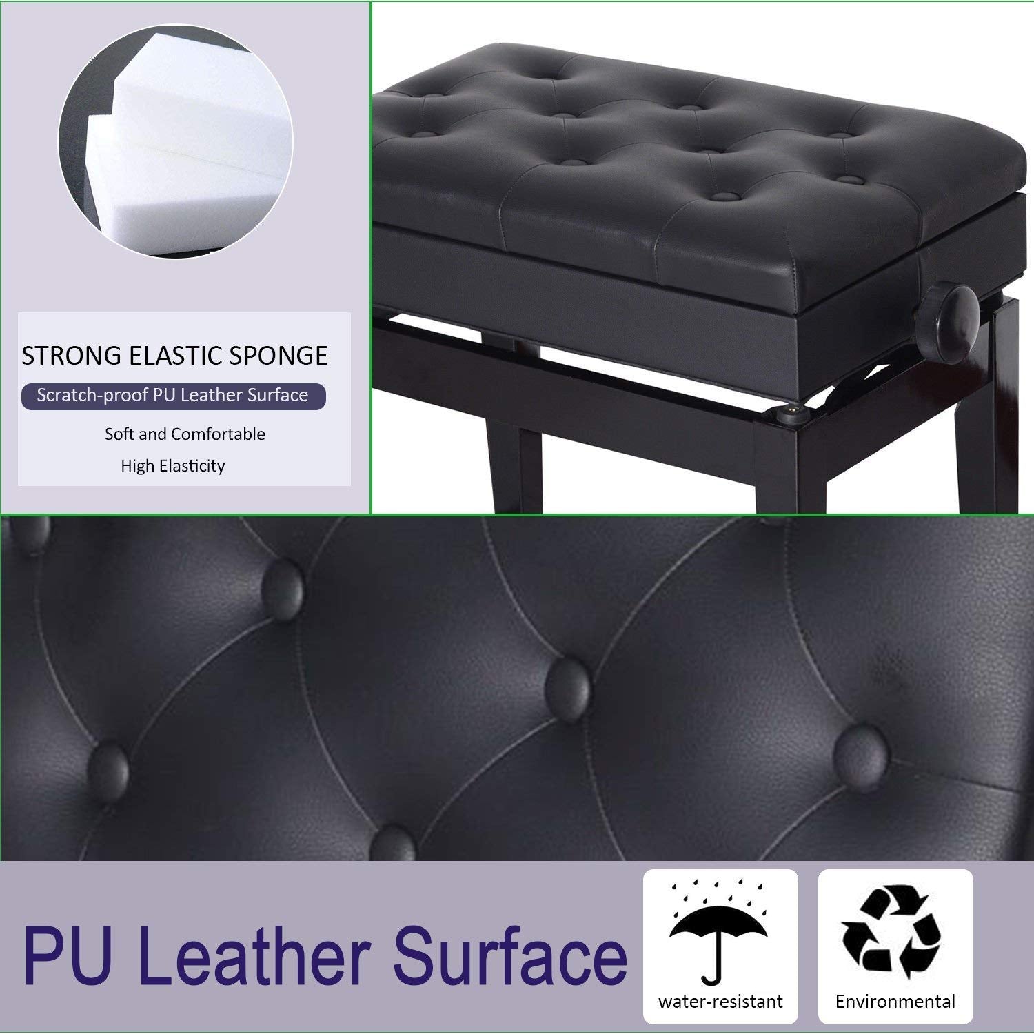Adjustable Piano Bench with Storage and Soft PU Leather Padded, with Enough Music Storage Design, Black Piano Benches at Gallery Canada