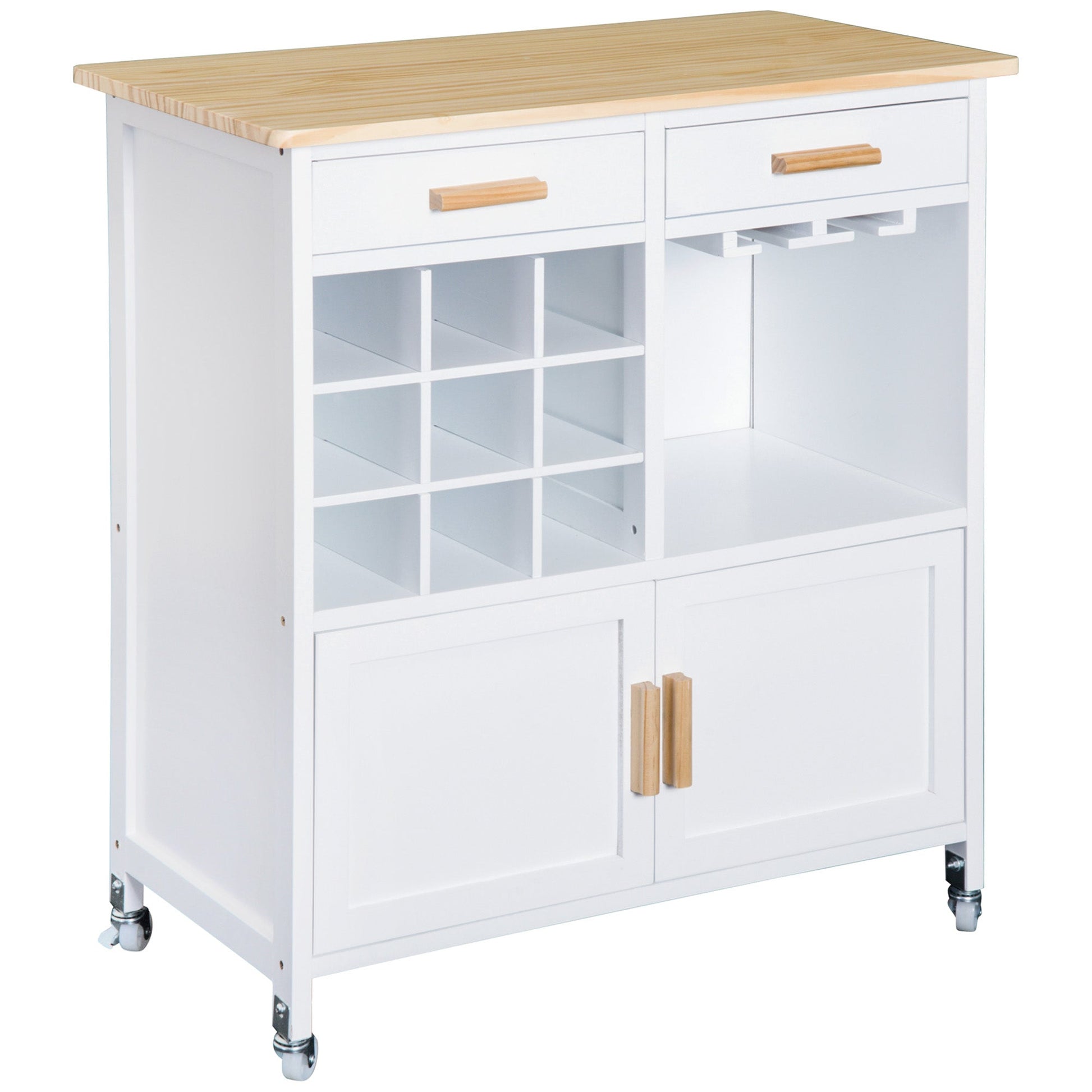 Portable Kitchen Trolley with Bamboo Top Storage Cabinet and Wine Rack (White) Kitchen Islands & Kitchen Carts Multi Colour  at Gallery Canada