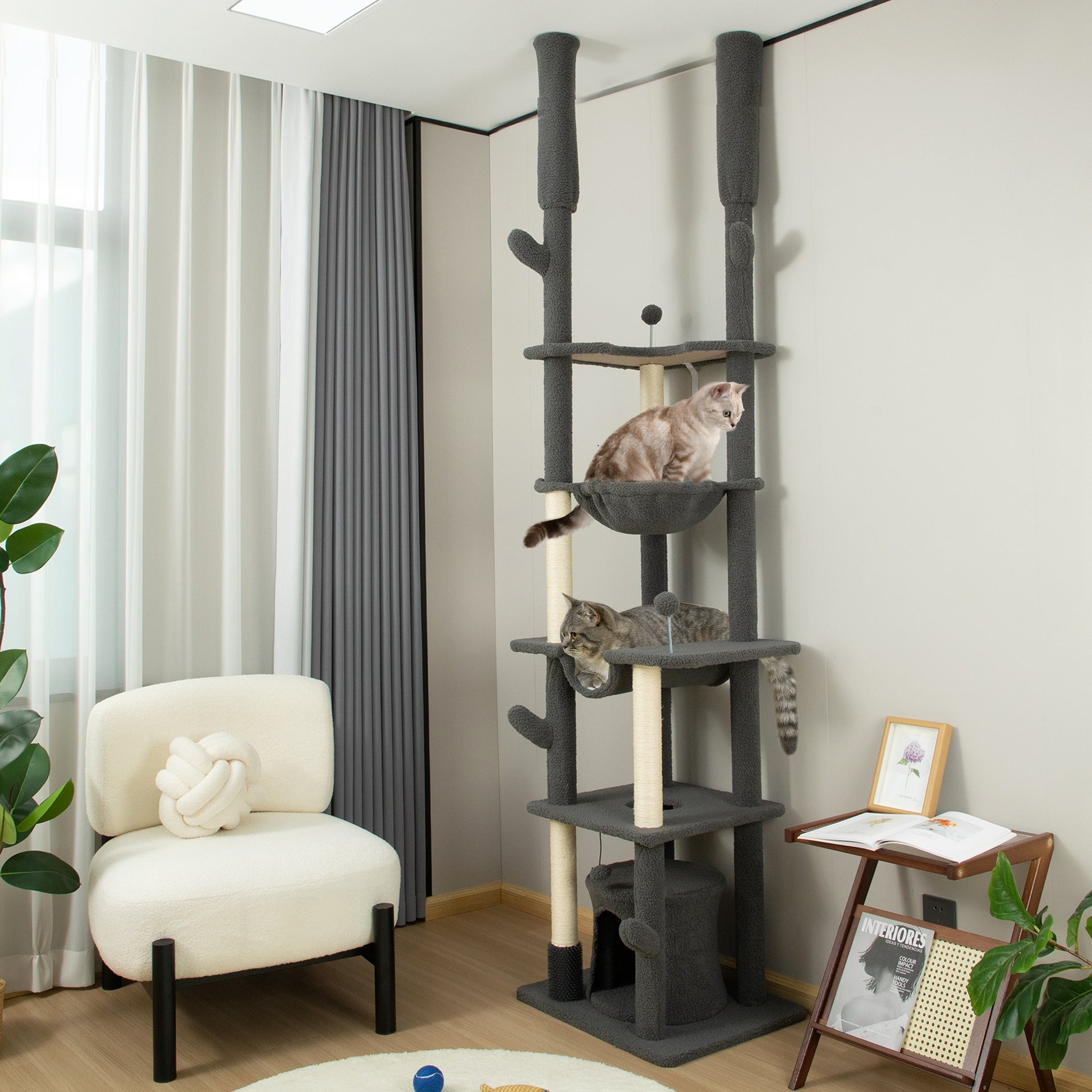 89"-100" Floor to Ceiling Cat Tree Cat Tower for Large Cats w/ Scratching Posts, Grooming Brush Post, Cat Condo, Grey Floor to Ceiling Cat Trees   at Gallery Canada