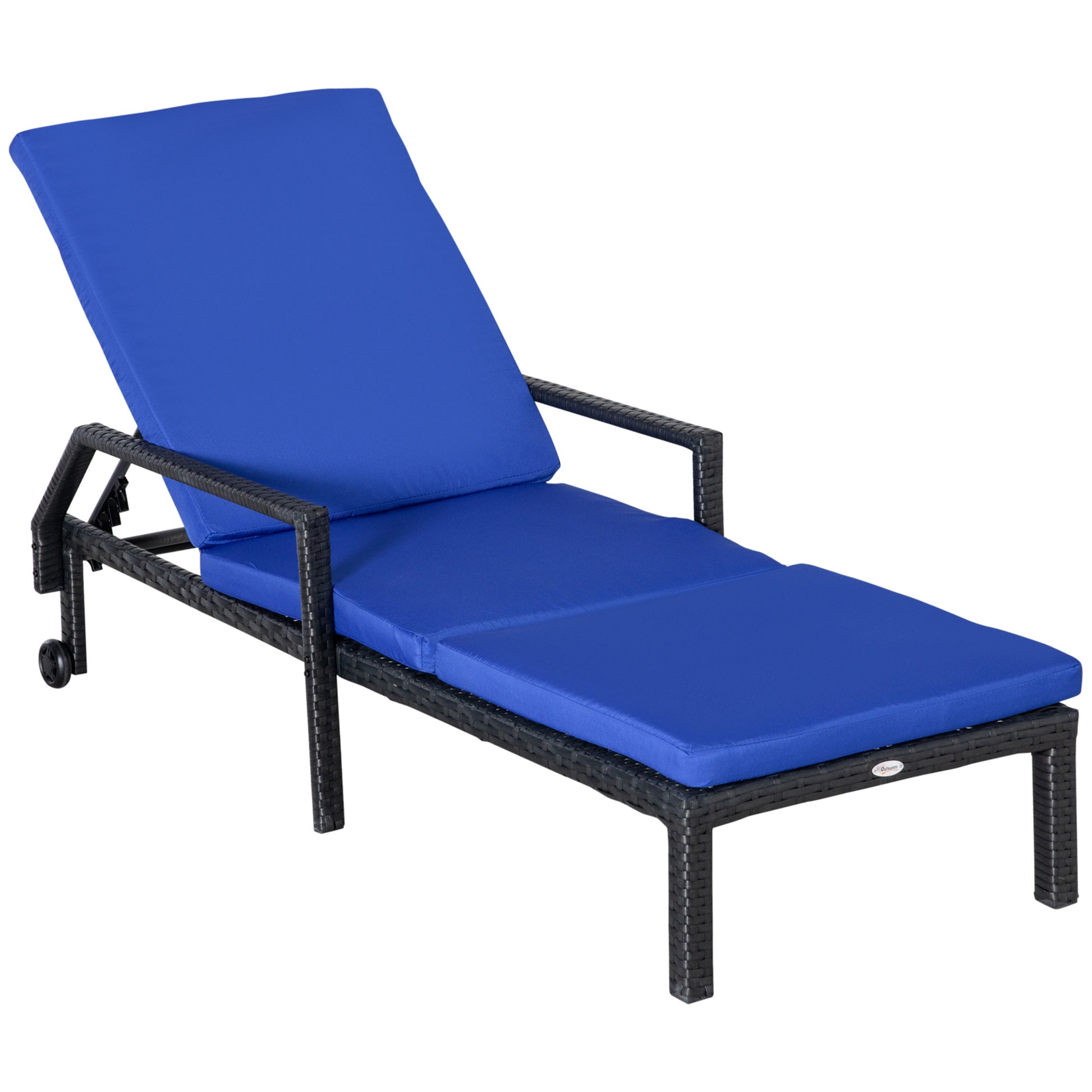 Wicker Chaise Lounger PE Rattan Outdoor Lounge Chair Garden Chair Recliner with 5-Level Adjustable Backrest and 2 Wheels, Dark Blue Chaise Loungers   at Gallery Canada