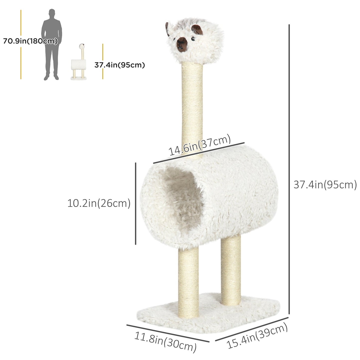 Cat Tree Alpaca-shaped Kitty Tower with Tunnel Sisal Scratching Post, 15.4" x 11.8" x 37.4", Cream Cat Towers   at Gallery Canada