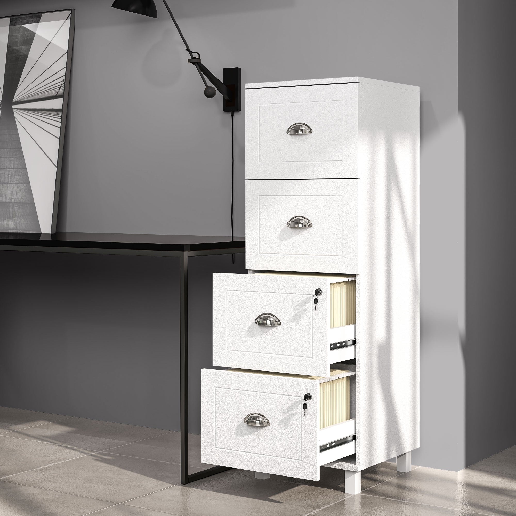 4 Drawer File Cabinet with Lock, Office Filing Cabinet, A4 Letter Size, Hanging File Folders, White Office Cabinets & Cupboards   at Gallery Canada