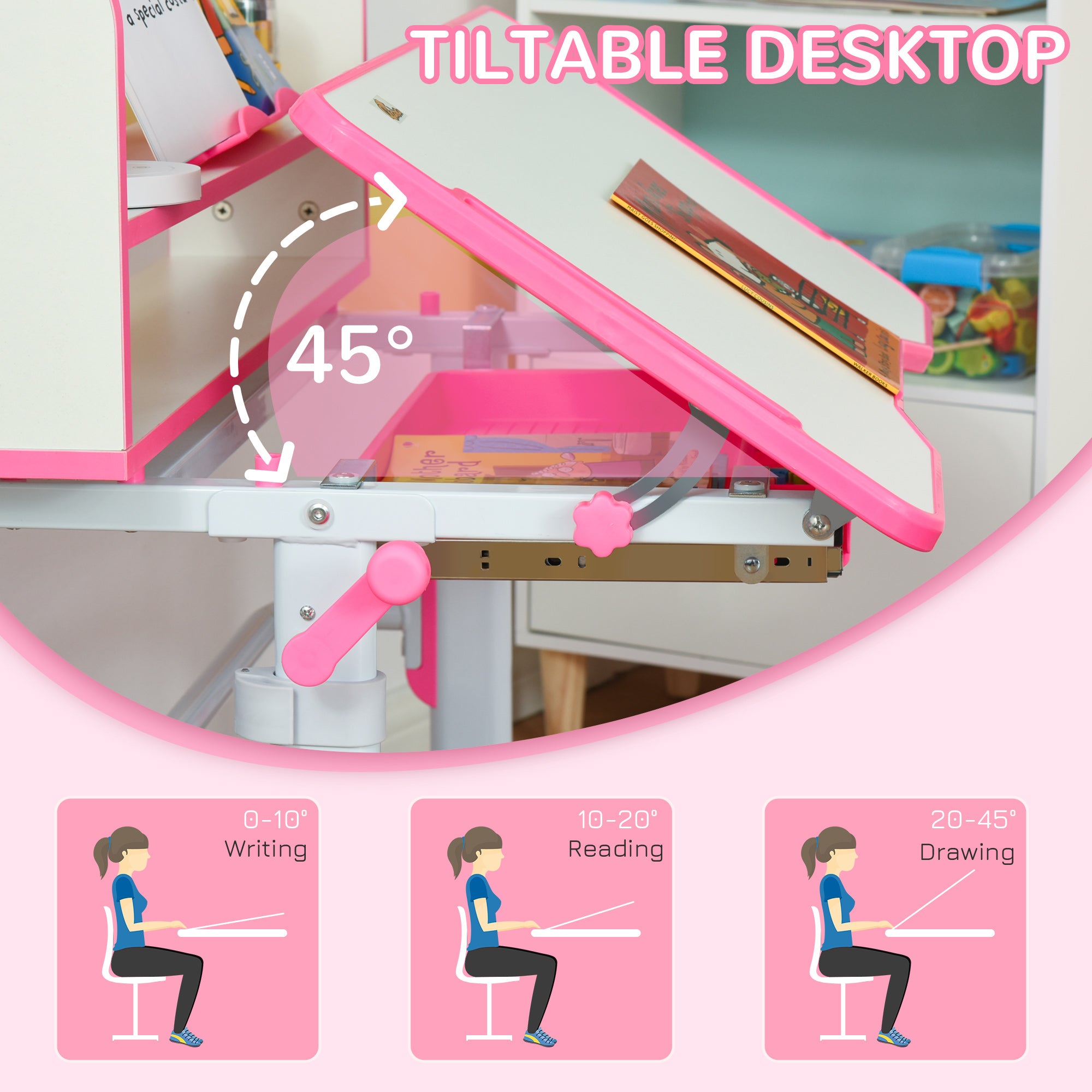 Kids Desk and Chair Set Height Adjustable Student Writing Desk Children School Study Table with LED Lamp, Bookshelf, Drawer, Reading Board, Pen Slot, Hook, Pink Kids Desk Sets at Gallery Canada