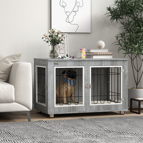 Pet Crate Side End Table for Indoor Use with Cushion, Double Doors, Grey