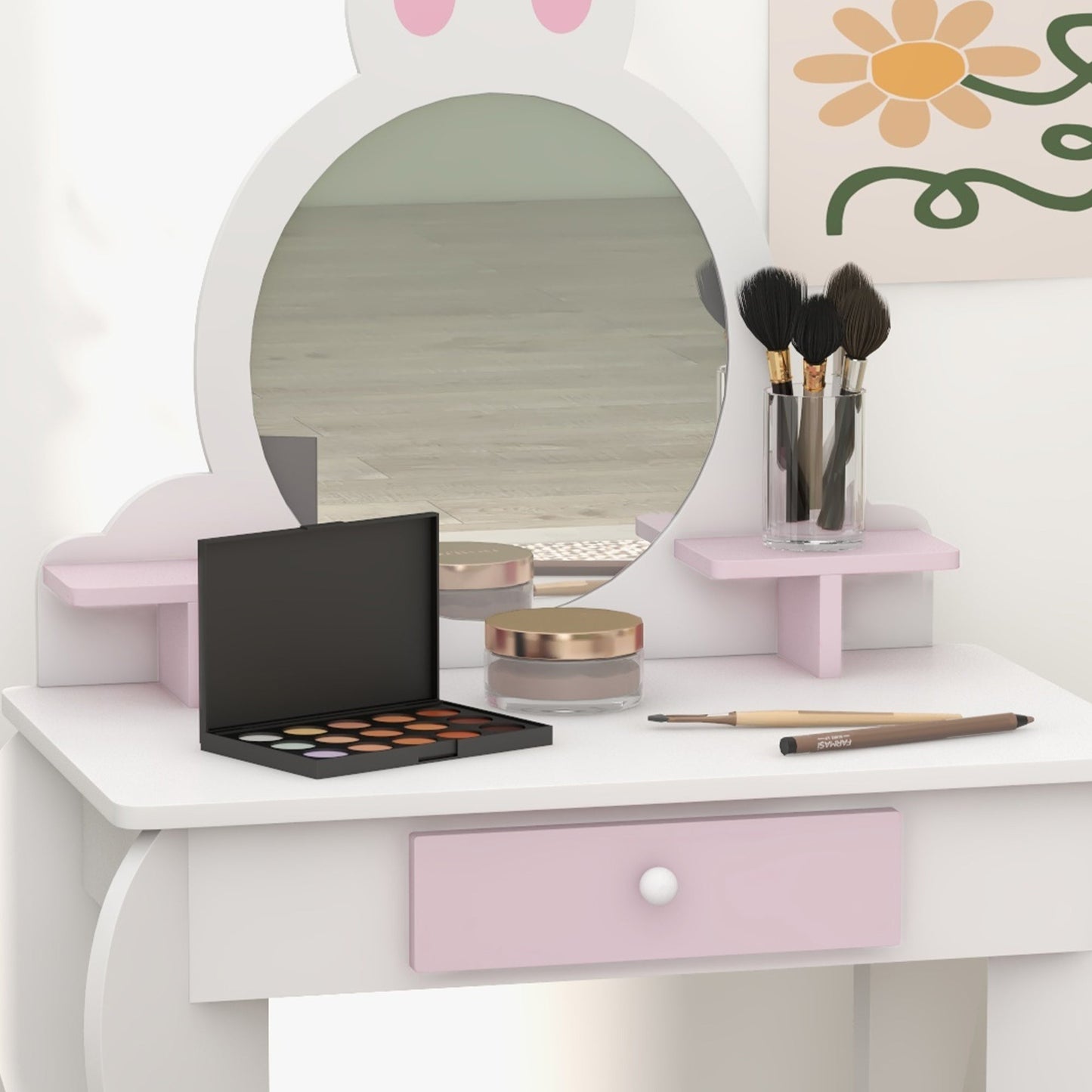 Kids Makeup Vanity Set with Stool, Mirror, Drawer, Storage Boxes, Rabbit Design, White Toy Vanity   at Gallery Canada