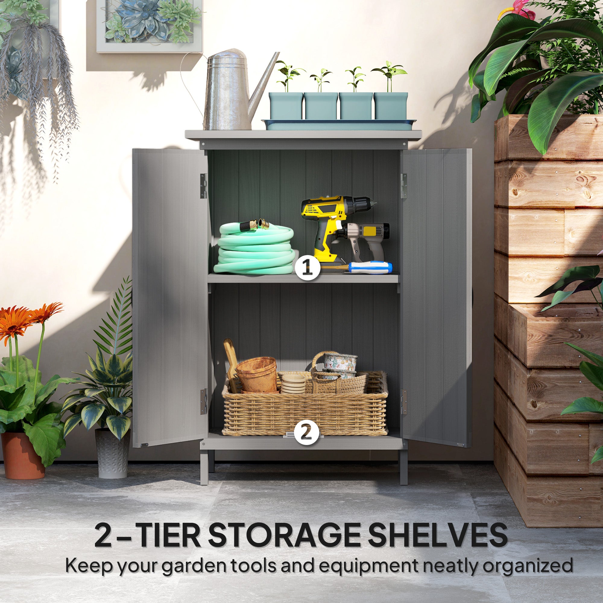 Outdoor Storage Cabinet, Wooden Garden Storage Shed with 2-Tier Shelves, Metal Tabletop and Magnetic Doors, Grey Sheds at Gallery Canada