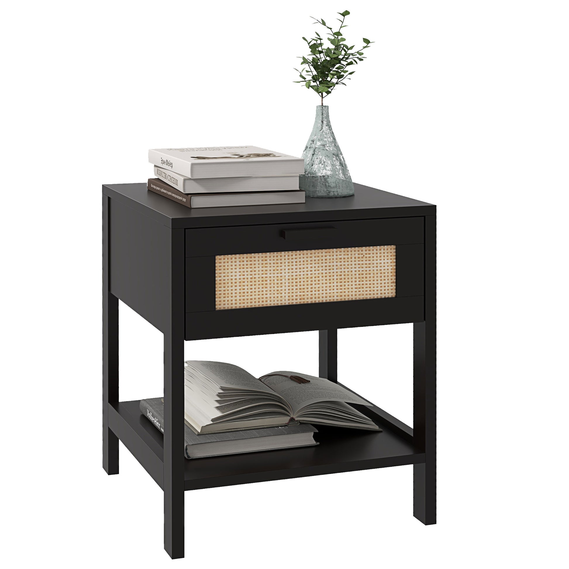 Modern Bedside Table, Accent Nightstand with Drawer and Open Shelf, Bed End Table for Bedroom, Living Room, Black Bedside Tables   at Gallery Canada