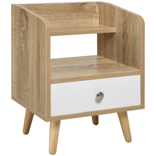 Bedside Table with 2-tier Shelf and Drawer, Side End Table with Storage for Living Room, Bedroom, Natural