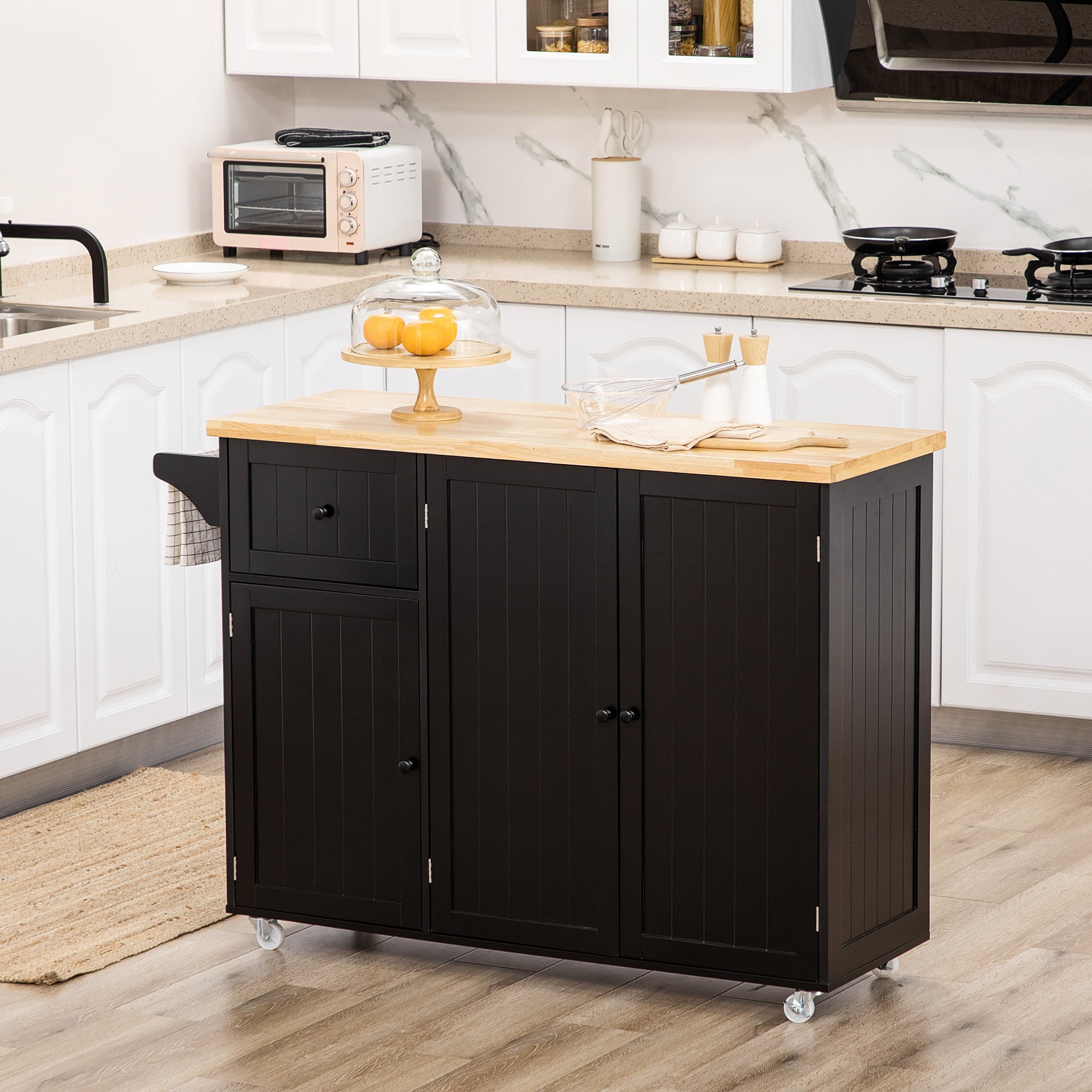 Rolling Kitchen Island on Wheels, Utility Serving Cart with Rubber Wood Top, Towel Rack, Storage Cabinets and Drawer, Black Kitchen Islands & Kitchen Carts   at Gallery Canada