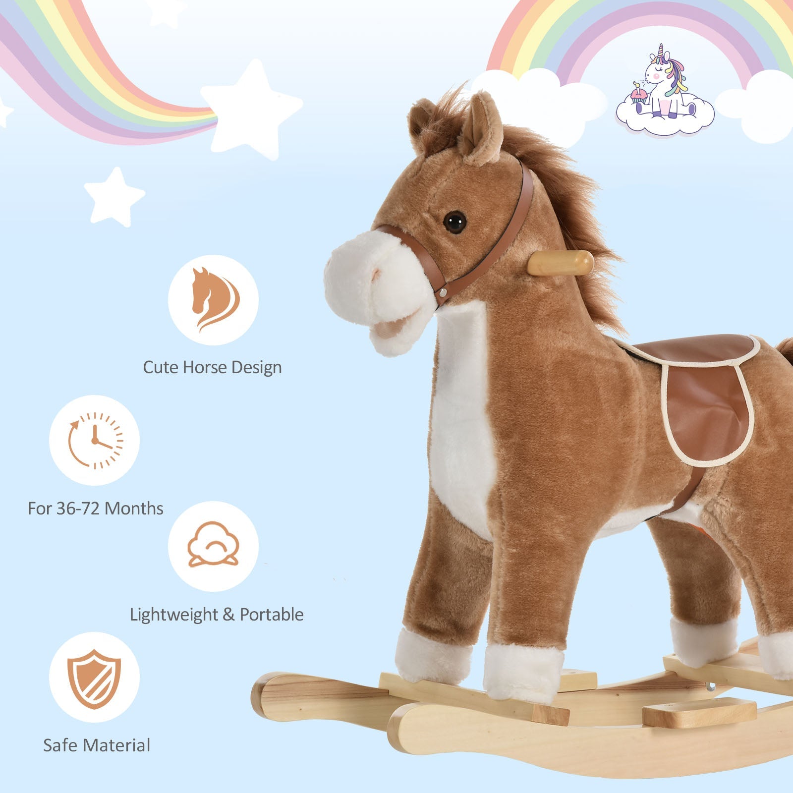 Rocking Horse Plush Animal on Wooden Rockers with Sounds, Wooden Base, Baby Rocking Chair for 36-72 Months, Brown Rocking Horses   at Gallery Canada