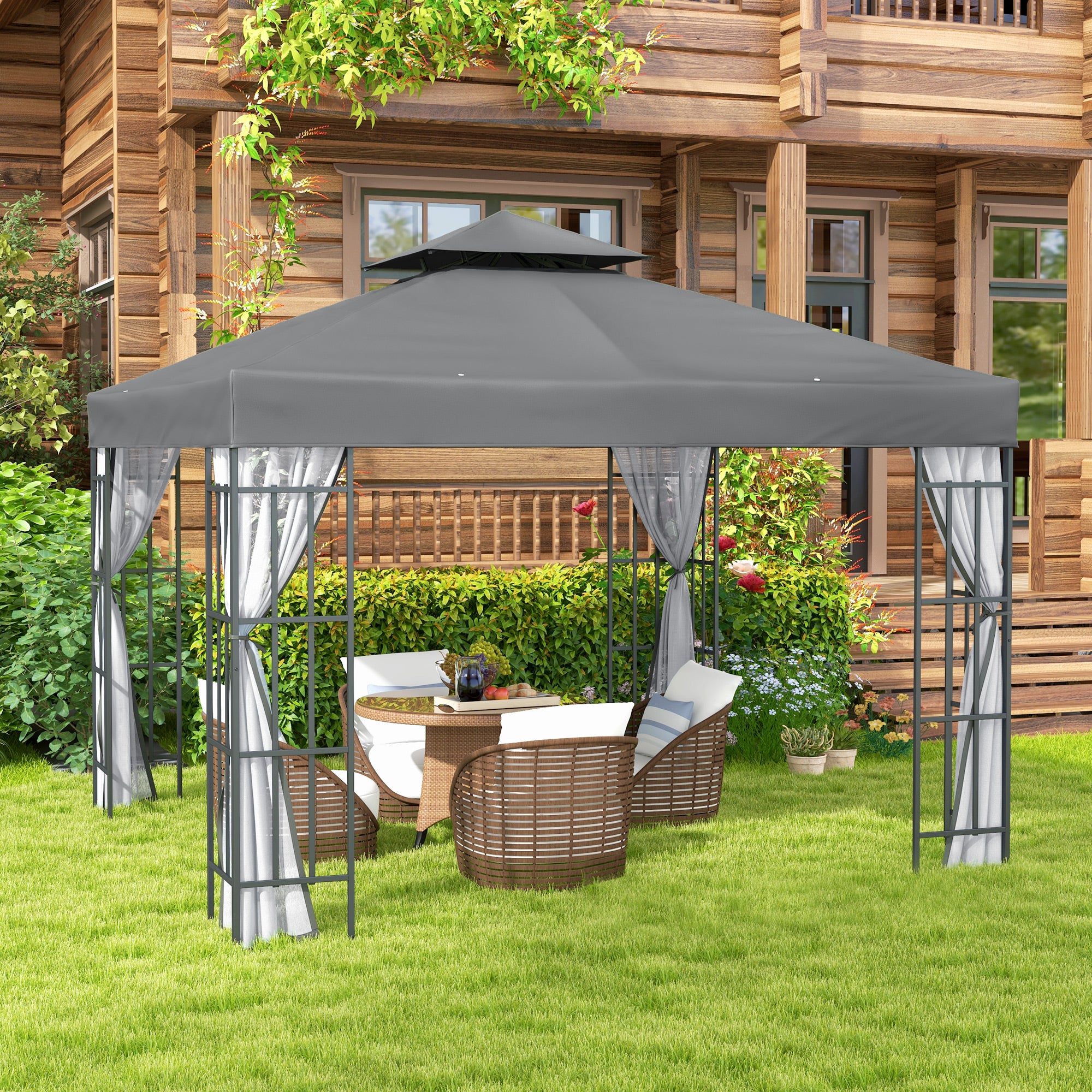 10'x10' Garden Gazebo Patio Canopy Portable Party Event Backyard w/ Mosquito Netting Grey Gazebos at Gallery Canada