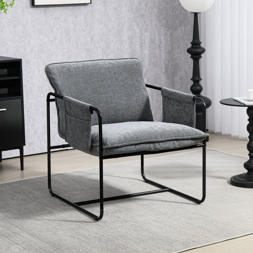 Modern Accent Chair, Upholstered Armchair with Side Pockets and Steel Frame, Comfy Reading Chair for Bedroom, Grey
