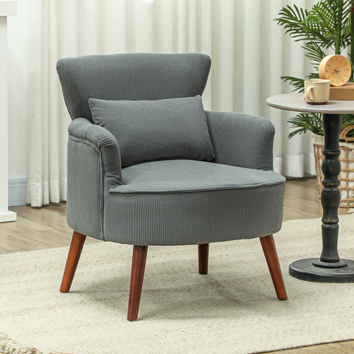 Modern Accent Chair, Upholstered Armchair with Solid Wood Legs and Lumbar Pillow for Living Room, Grey