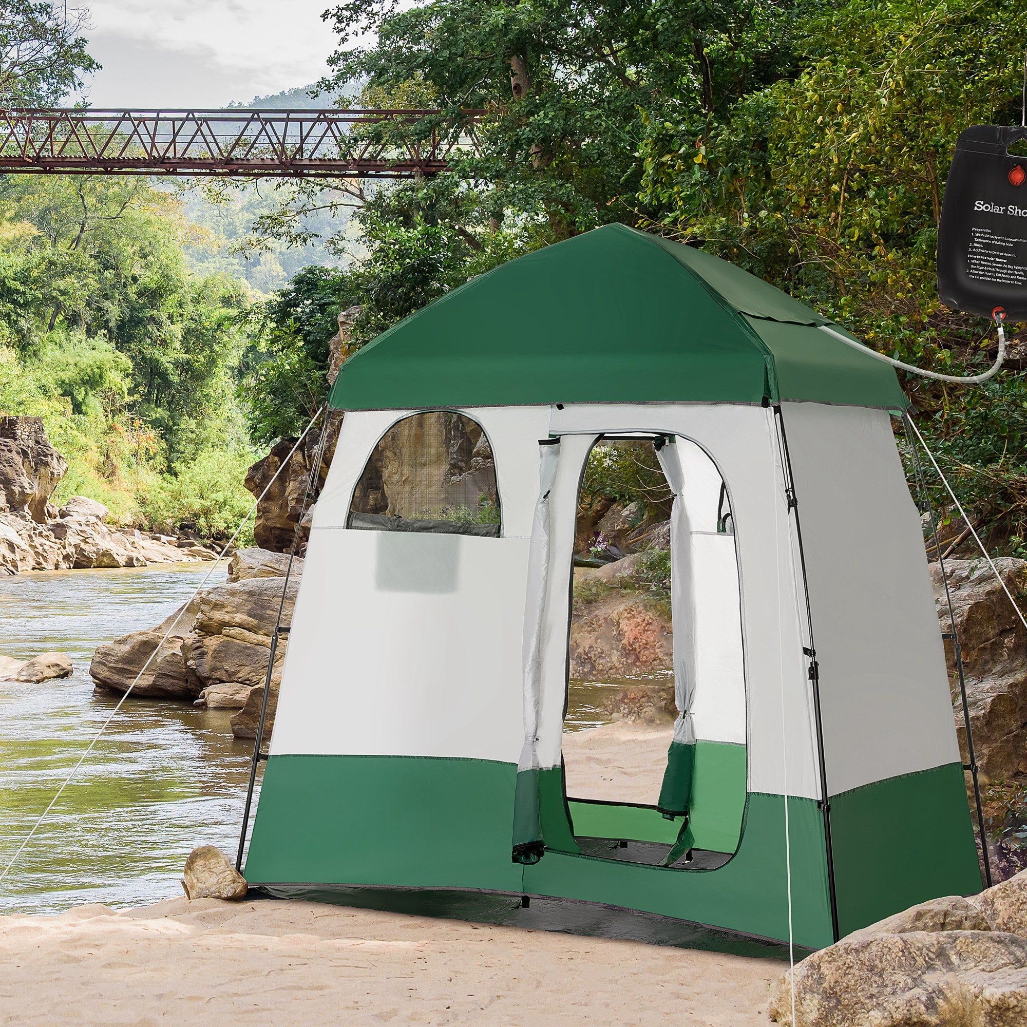 Outdoor Portable Pop Up Shower Tent Changing Tent Privacy Enclosure with 2 Rooms, Shower Bag, Floor for Camping, Green Camping Tents at Gallery Canada