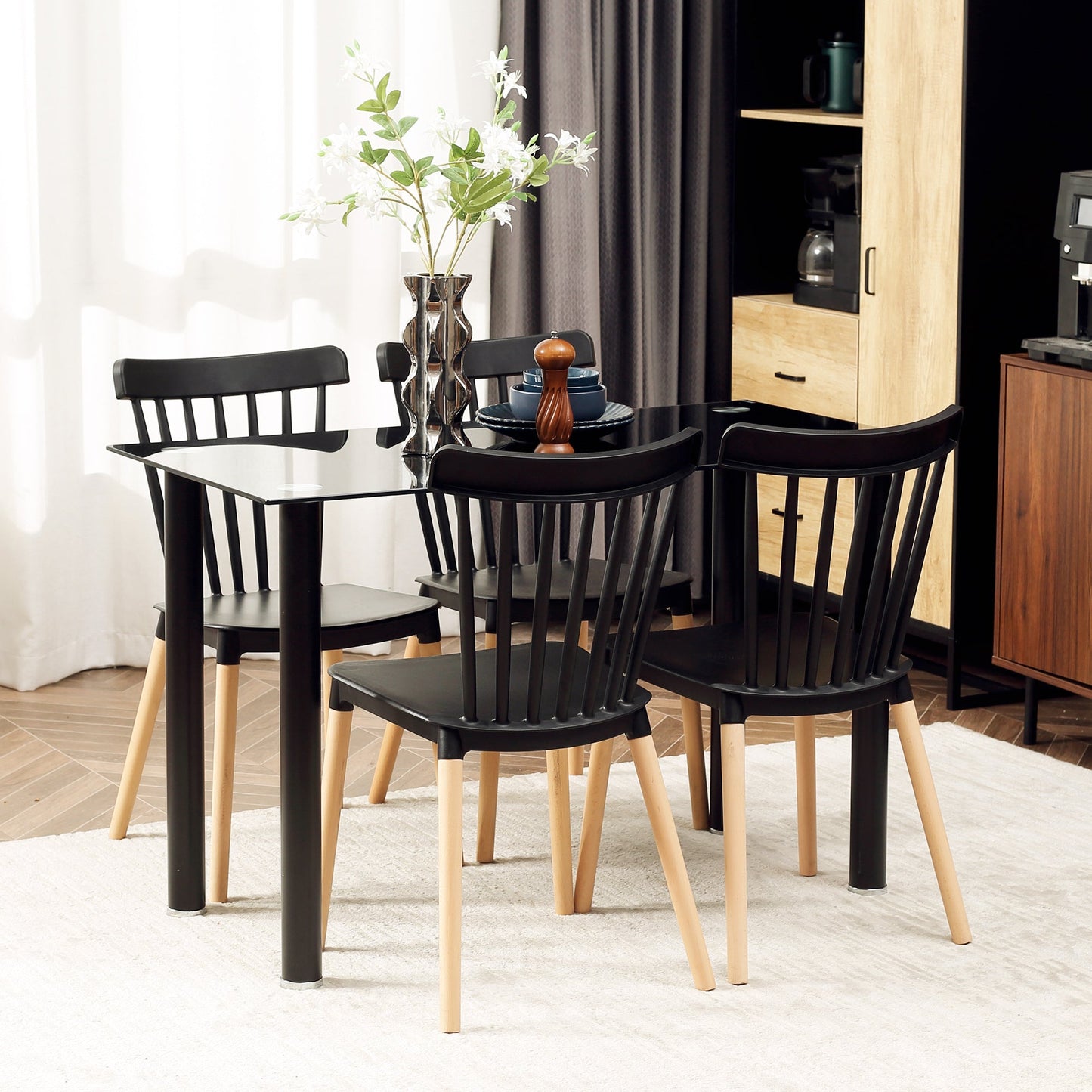 Dining Chairs Set of 4, Modern Kitchen Chair with Slatted Back, PP Seat, Beechwood Legs for Living Room, Black Bar Stools   at Gallery Canada