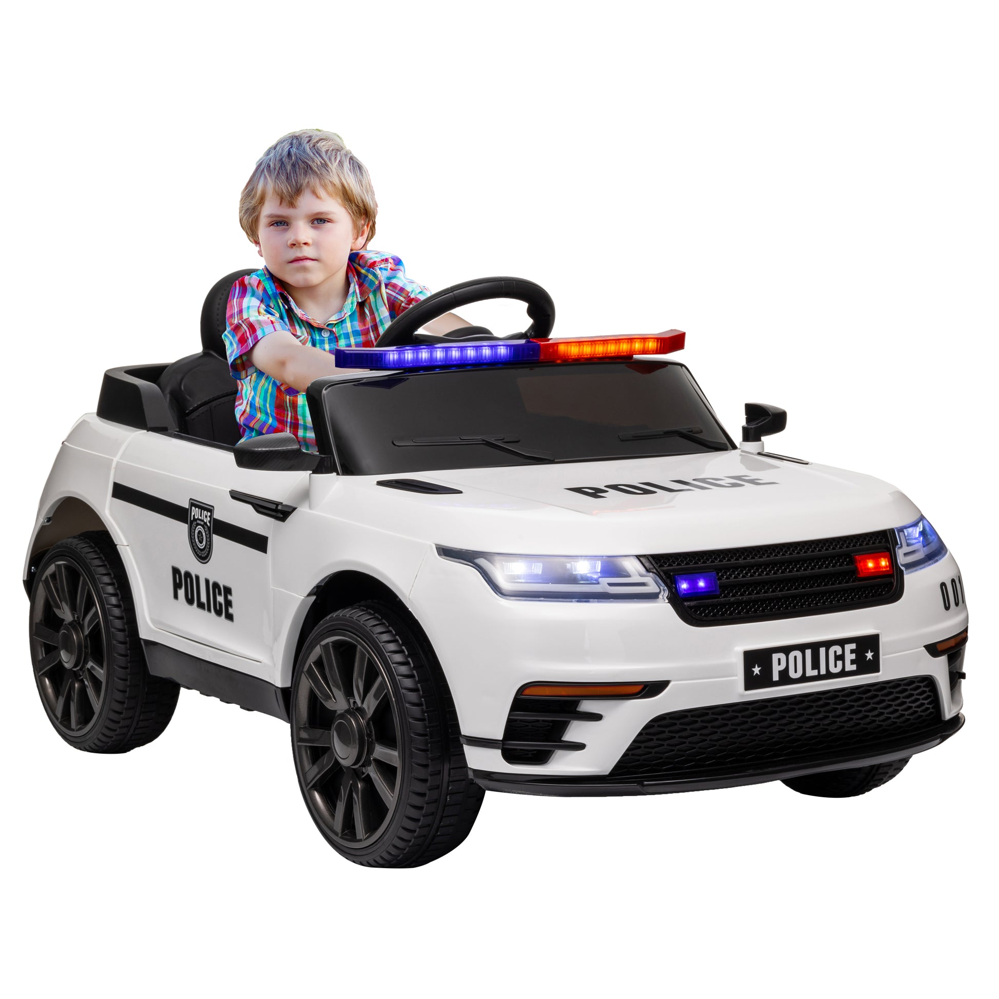 12V Kids Electric Police Car w/ Remote Control, Spring Suspension, Training Wheel, Siren, Music, Light, Horn, White Electric Toy Cars   at Gallery Canada