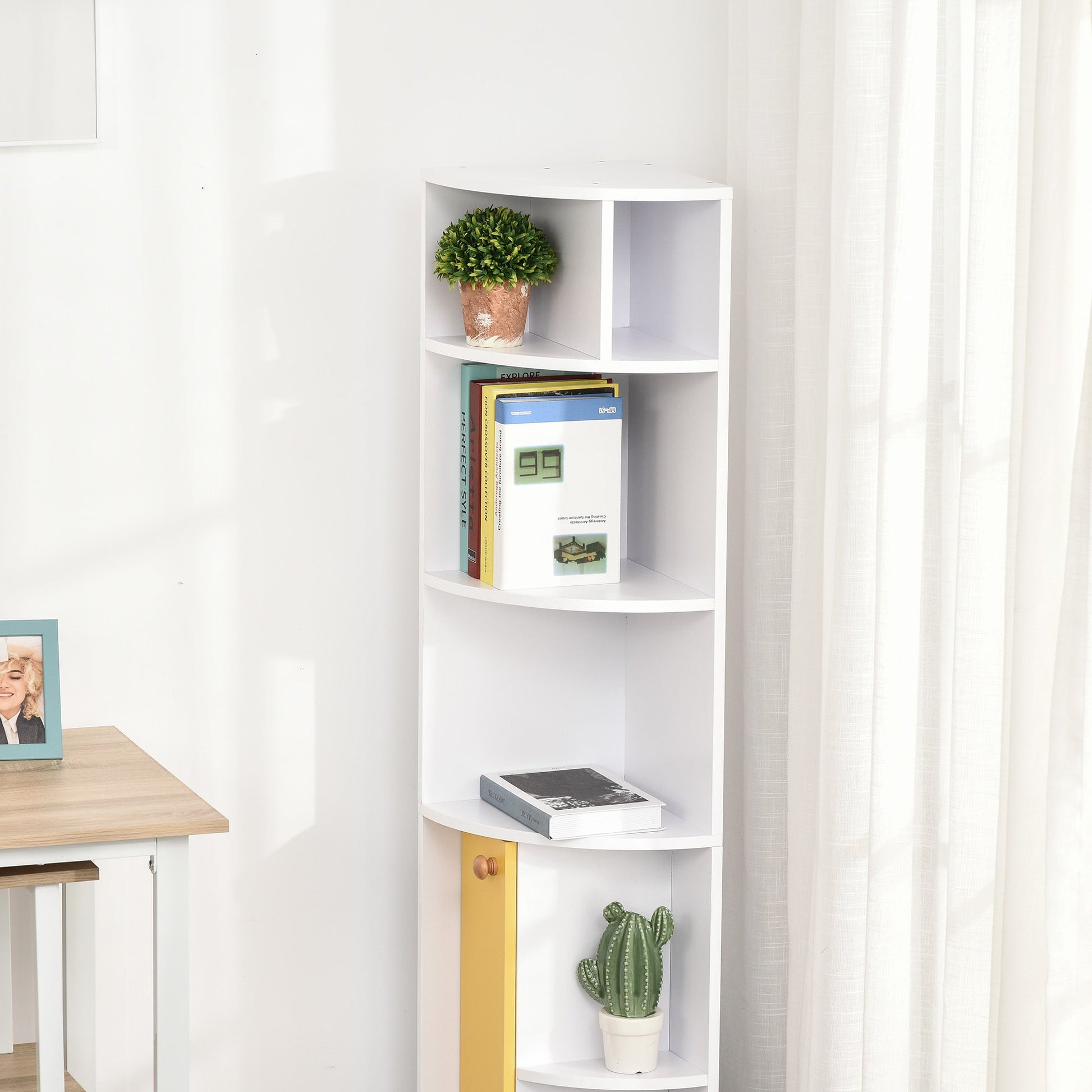 5-Tier Corner Bookcase, Bookshelf, Freestanding Shelf Unit with Storage Compartments and Door Cabinet, White White Bookshelves   at Gallery Canada