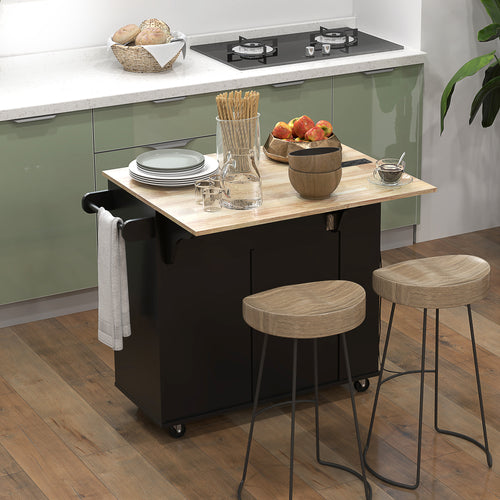 Kitchen Island with Power Outlet and Drop Leaf, Rolling Kitchen Cart with 2 Drawers and Adjustable Shelves, Black